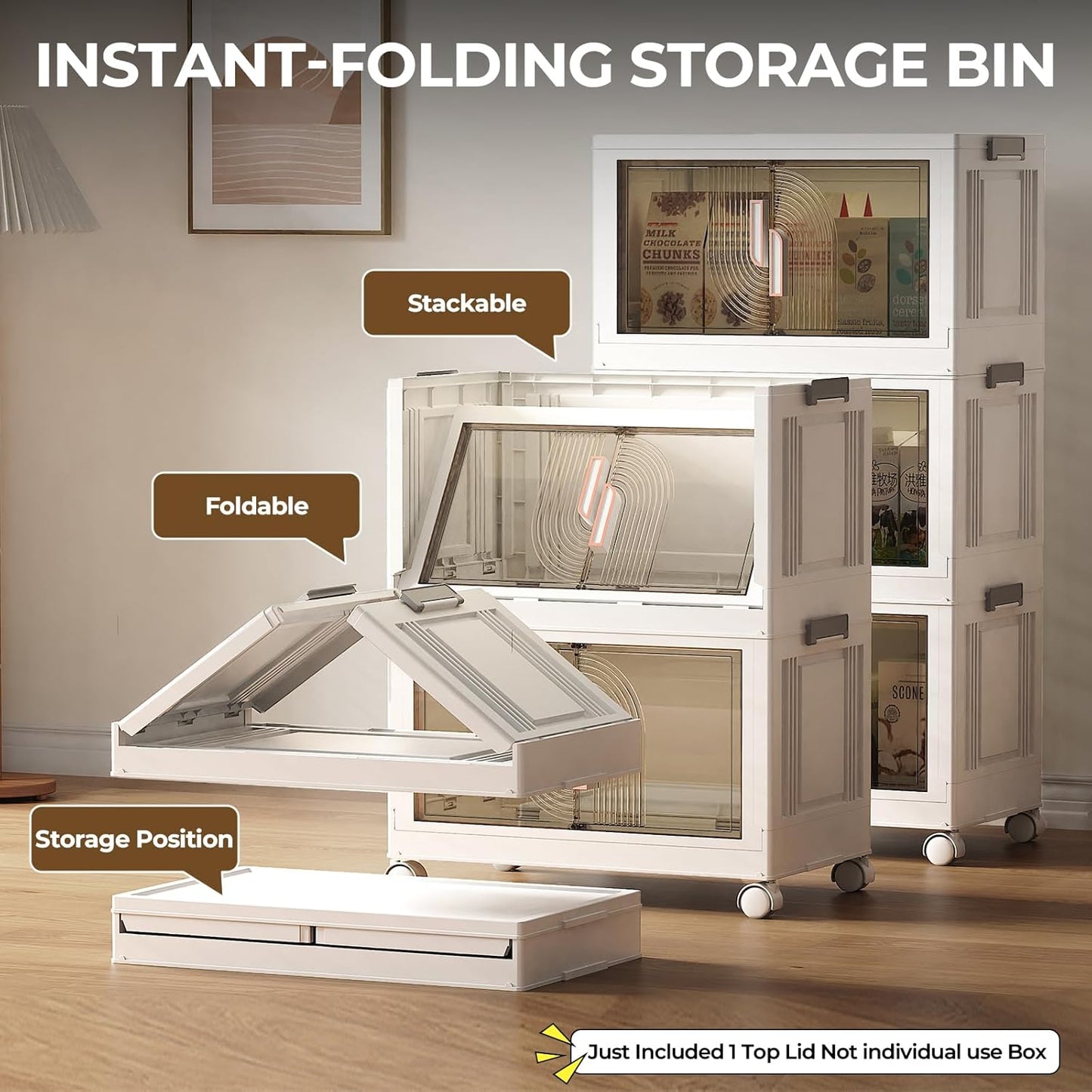 Elegant 4 Tiers Stackable Storage Bins for Home Organization, Moveable Plastic Storage Bins with Lids, Easy Assembled Storage Box for Closet Organizers and Storage Dorm 22" W x 12.4" D x 49.4" H