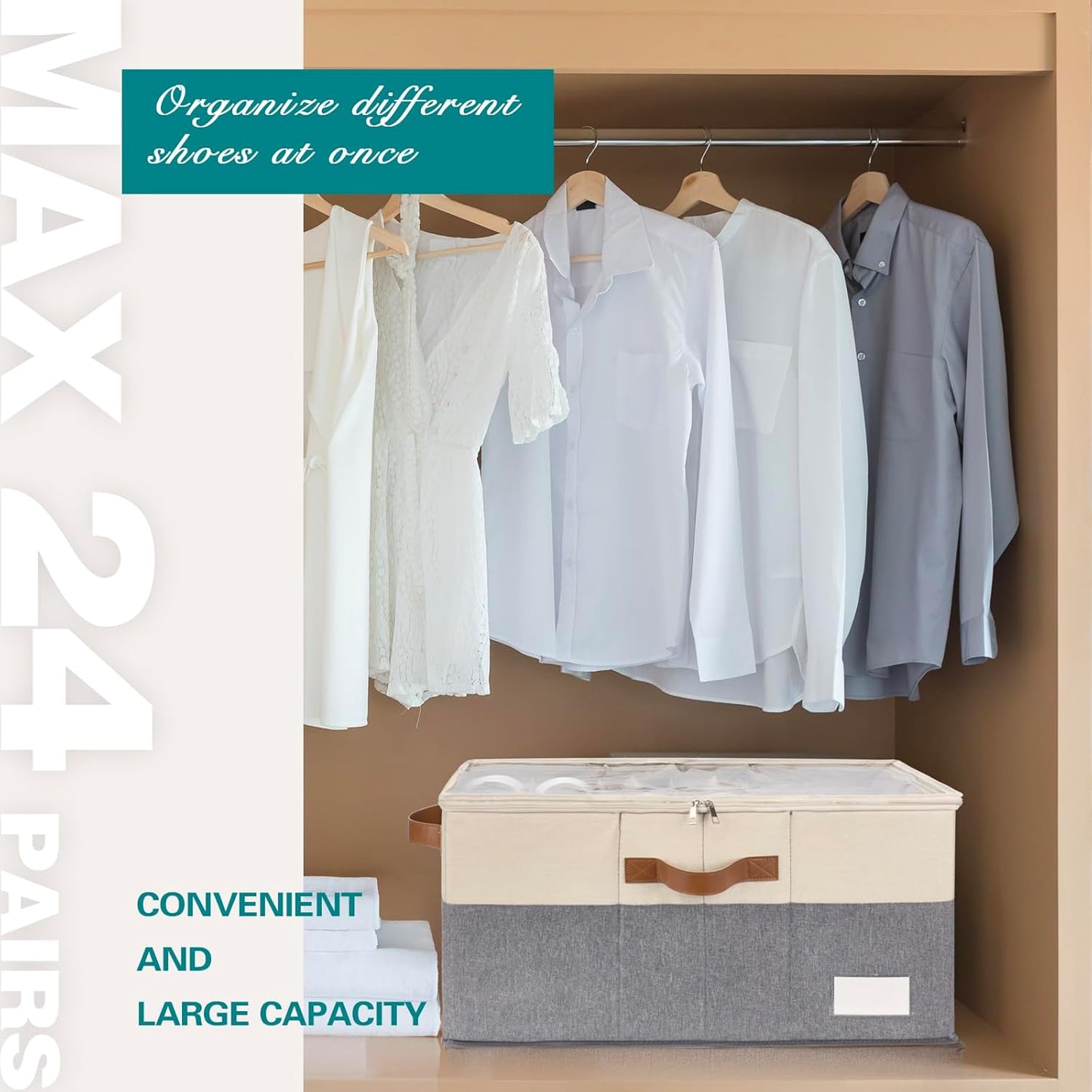 Shoe Organizer for Closet, Foldable Shoe Storage Bins with Clear Cover, Space Saving Shoes Holder with 4 Handles, Large Adjustable Shoe Box Storage Containers, Fits 12-24 Pairs, 1 Pack, Beige