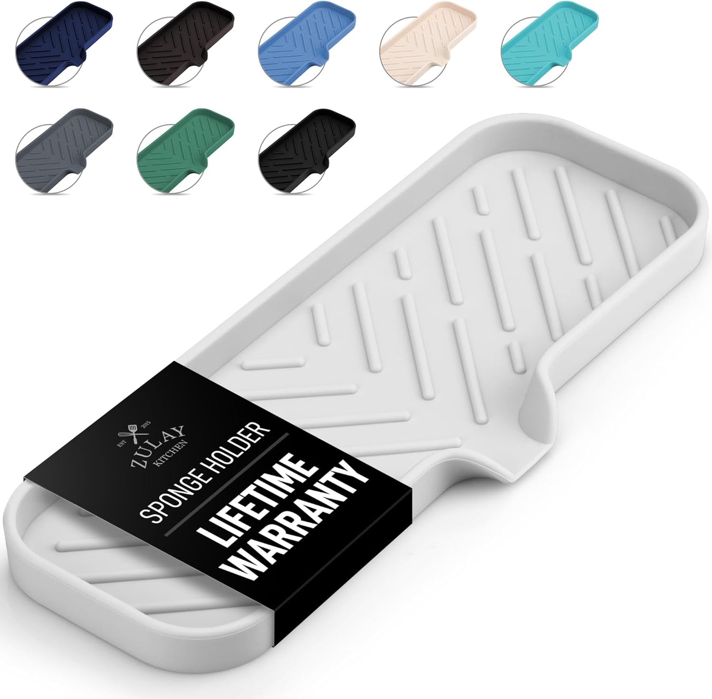 Zulay Large Silicone Sponge Holder (12x4) – Flexible Sink Organizer Tray for Kitchen & Bathroom – Multipurpose Soap Dish for Sponges, Makeup, Trinkets & More (White)