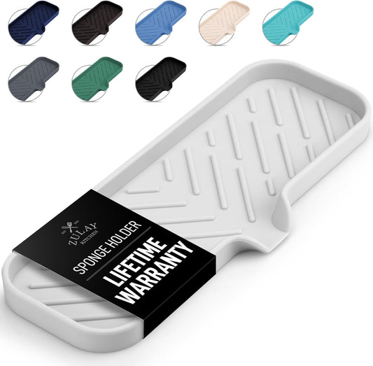 Zulay Large Silicone Sponge Holder (12x4) – Flexible Sink Organizer Tray for Kitchen & Bathroom – Multipurpose Soap Dish for Sponges, Makeup, Trinkets & More (White)