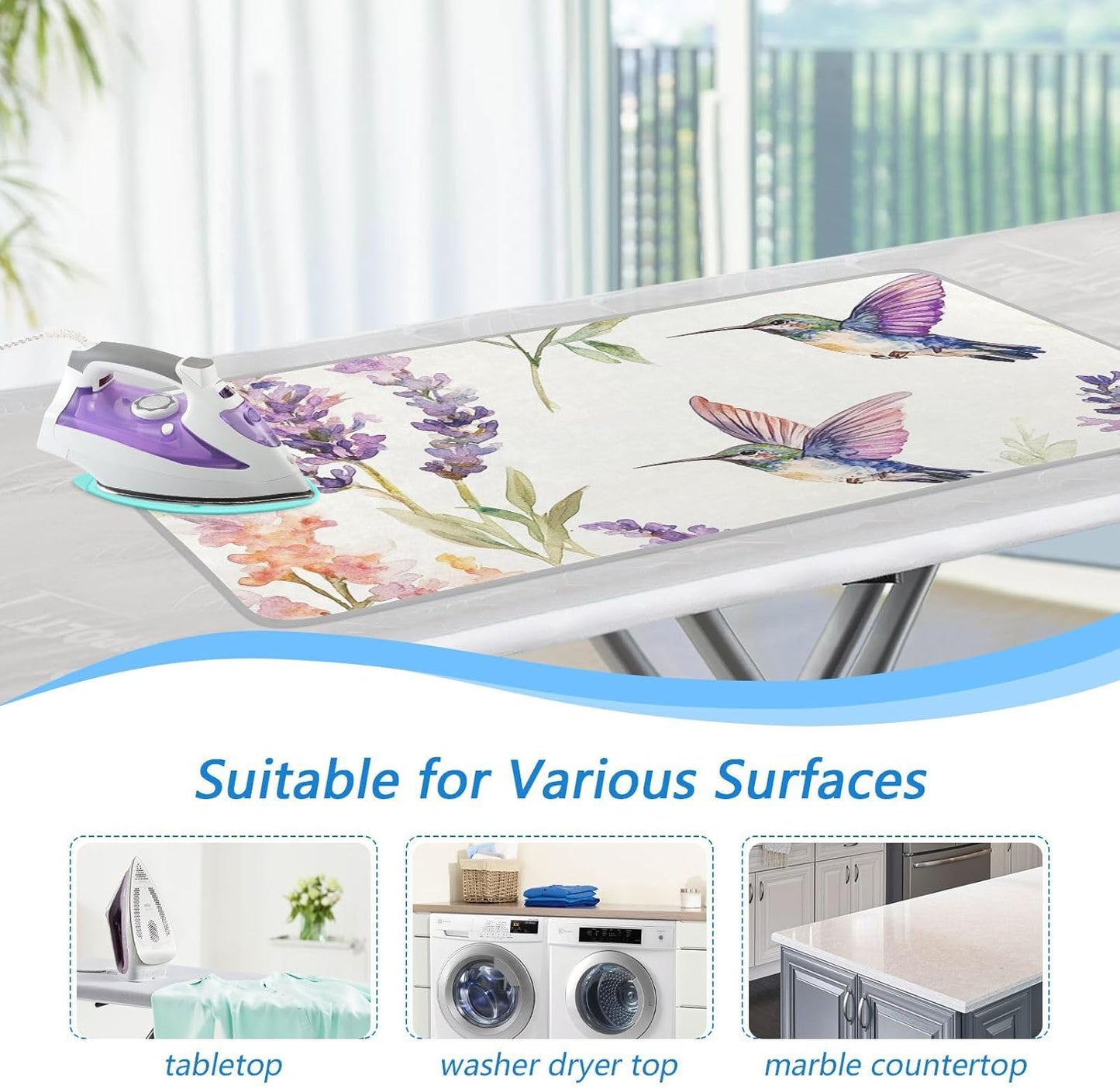 Lavender Flower Hummingbird White Ironing Mat for Table top Portable Ironing Pad Blanket for Washer Dryer Countertop Travel