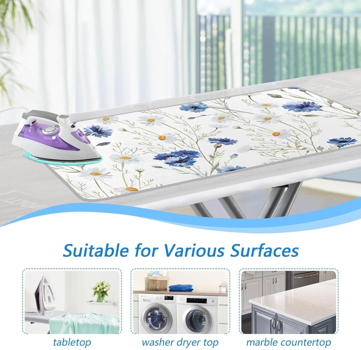 Ironing Mat Thickened Ironing Blanket Travel Portable Double-Side Using Ironing Pad Travel Isolate Heat Pad Cover for Washer Dryer Table Top Countertop (27.6x47.2in) Daisy