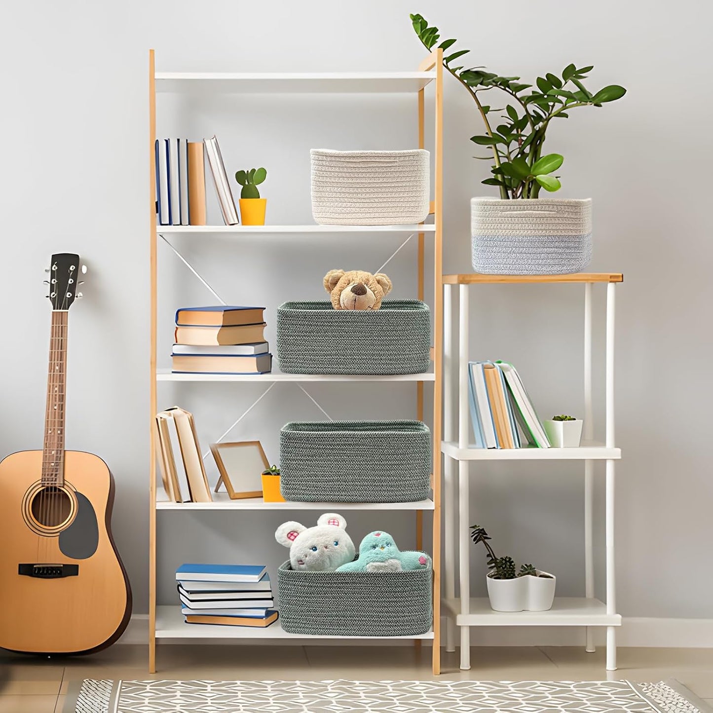 COMFY-HOMI 13" x 8.5" x 5.1"Storage Baskets for Organizing | Cotton Rope Woven Basket | Toy Storage Bin Box | Basket for Shelves, Closet Organizer Bin, Decorative Closet Shelf, 3 Pack, Green