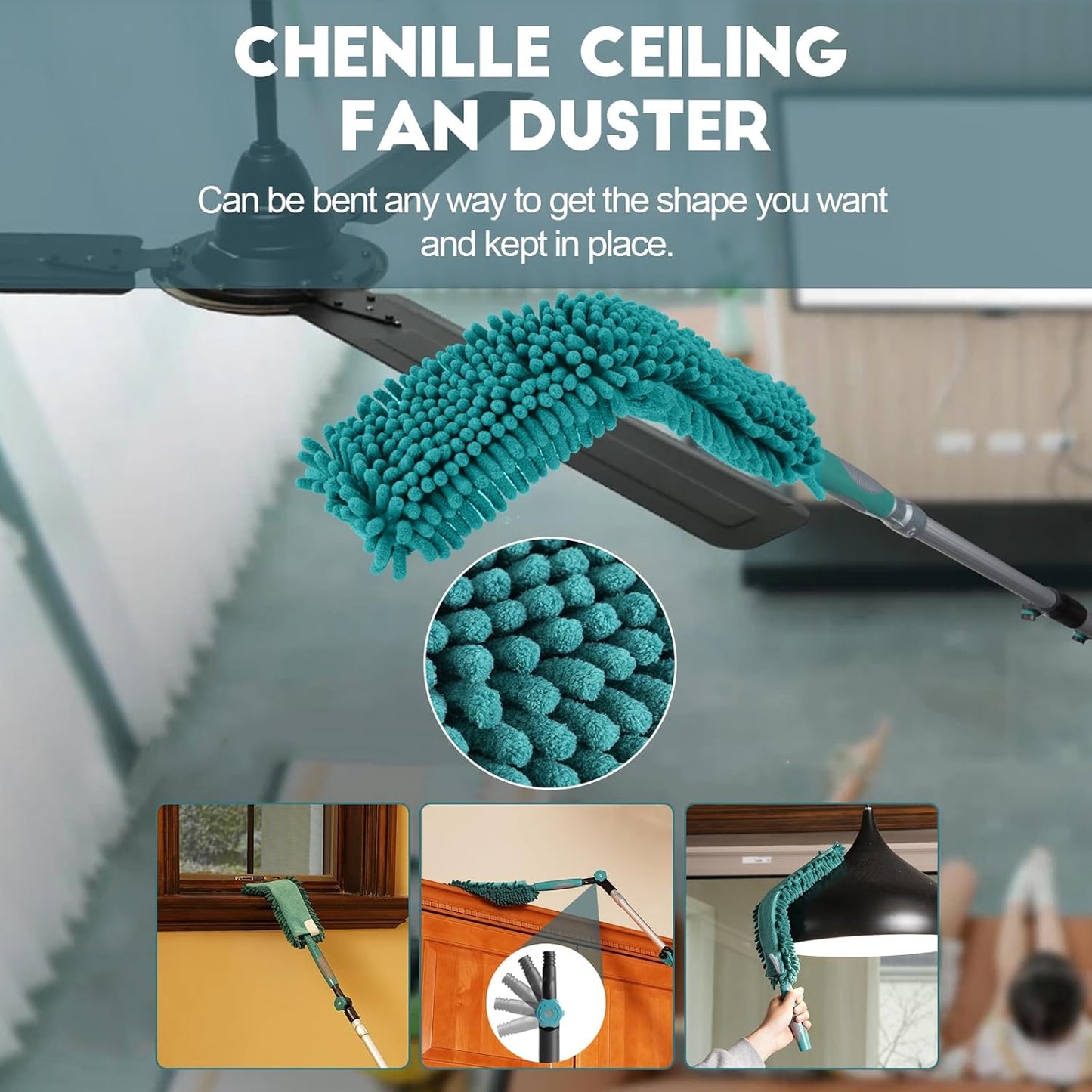 20 Foot High-Reach Duster Kit with 5-12FT Extendable Pole - High Ceiling Duster Cleaning Kit with Telescopic Pole,Cobweb Duster, Chenille Ceiling Fan Duster, Microfiber Feather Duster