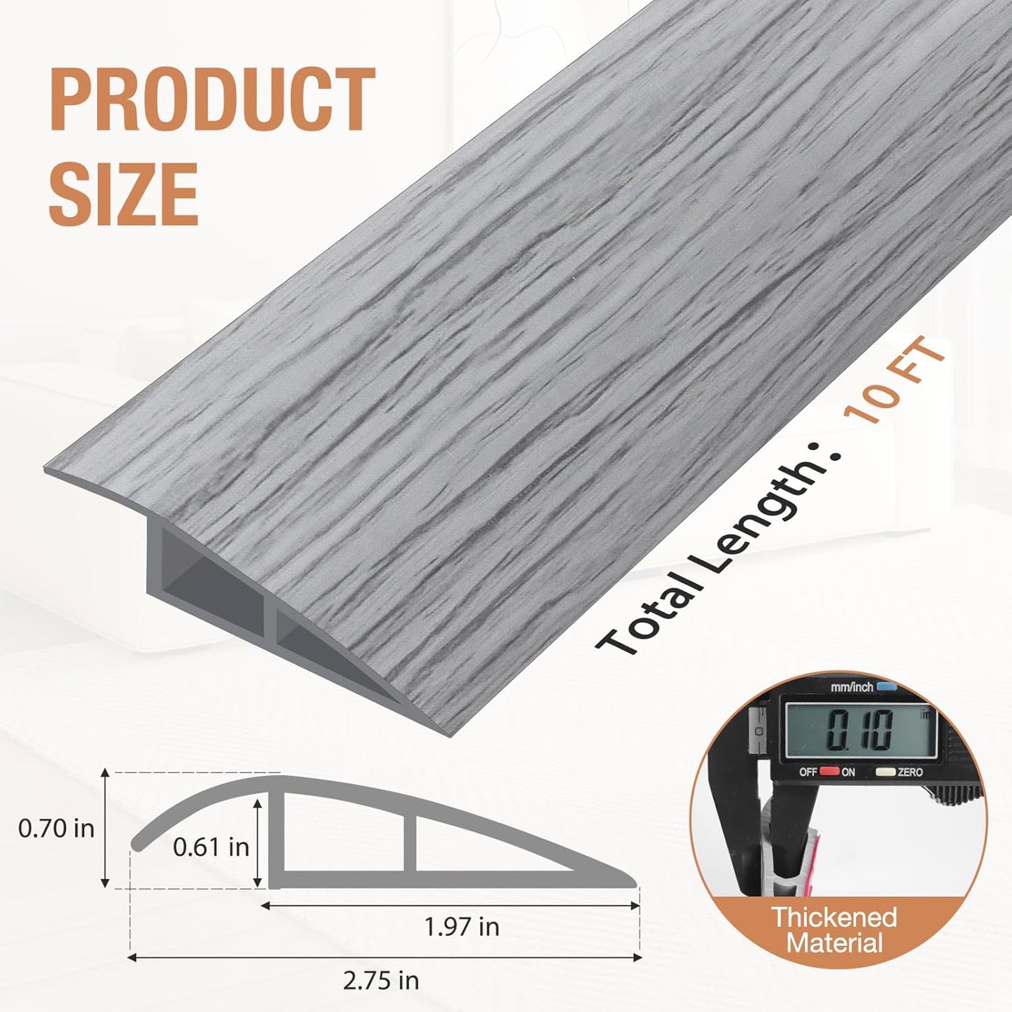 Floor Transition Strip Self Adhesive Vinyl Door Threshold for Doorways Carpet Edging Trim Overlap Edge Reducer for Laminate Floor, Carpet, Tile (Light Gray Wood Grain, 2/5" to 3/5", 10Ft)