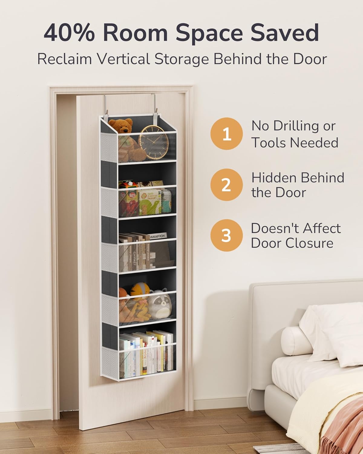 ULG 1-Pack Over Door Organizer with 5 Large Pockets 10 Mesh Side Pockets, 44 lbs Weight Capacity Hanging Storage Organizer with Clear Window for Bedroom Bathroom, RV, Clear Dark Grey