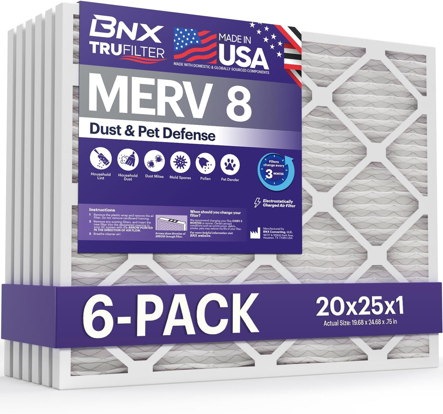 BNX TruFilter 20x25x1 Air Filter MERV 8 (6-Pack) - MADE IN USA – Dust & Pet Defense Electrostatic Pleated Air Conditioner HVAC AC Furnace Filters for Dust, Pet, Mold, Pollen MPR 600 – 700 & FPR 5
