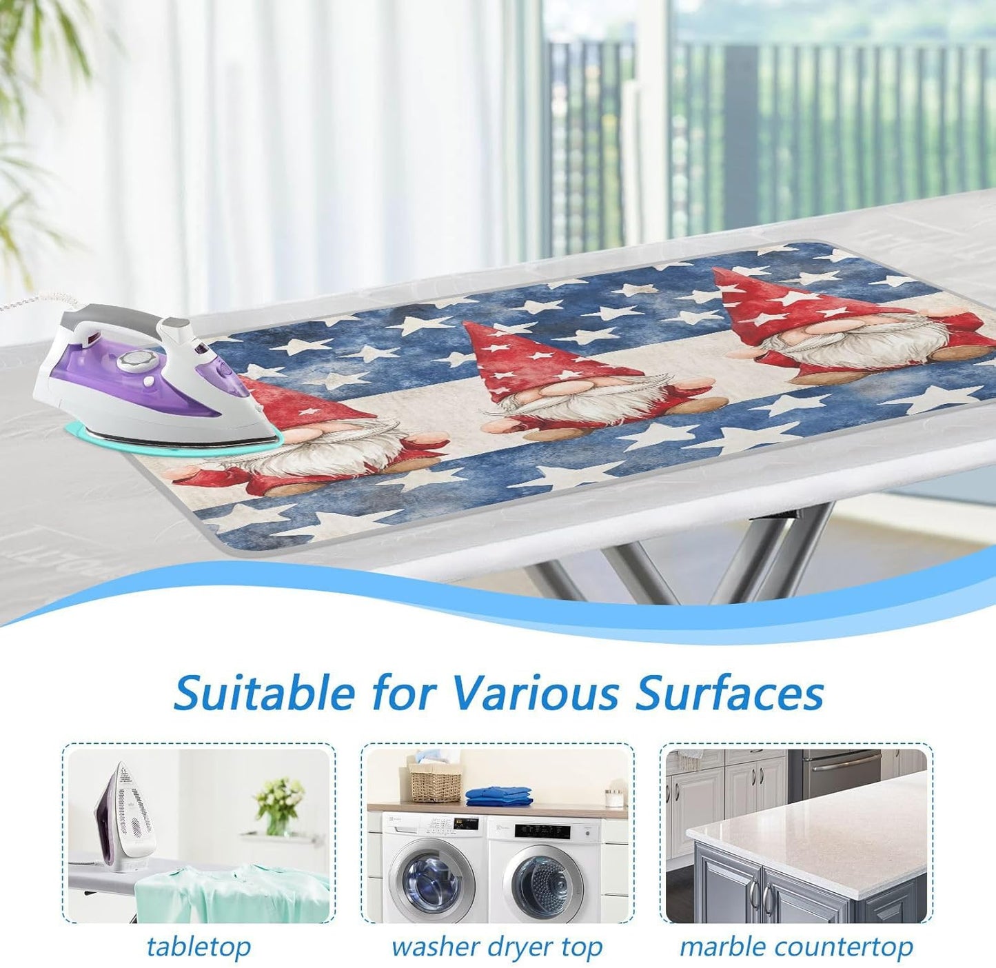 Three July 4th Gnomes Stars Ironing Mat for Table top Portable Ironing Pad Blanket for Washer Dryer Countertop Travel