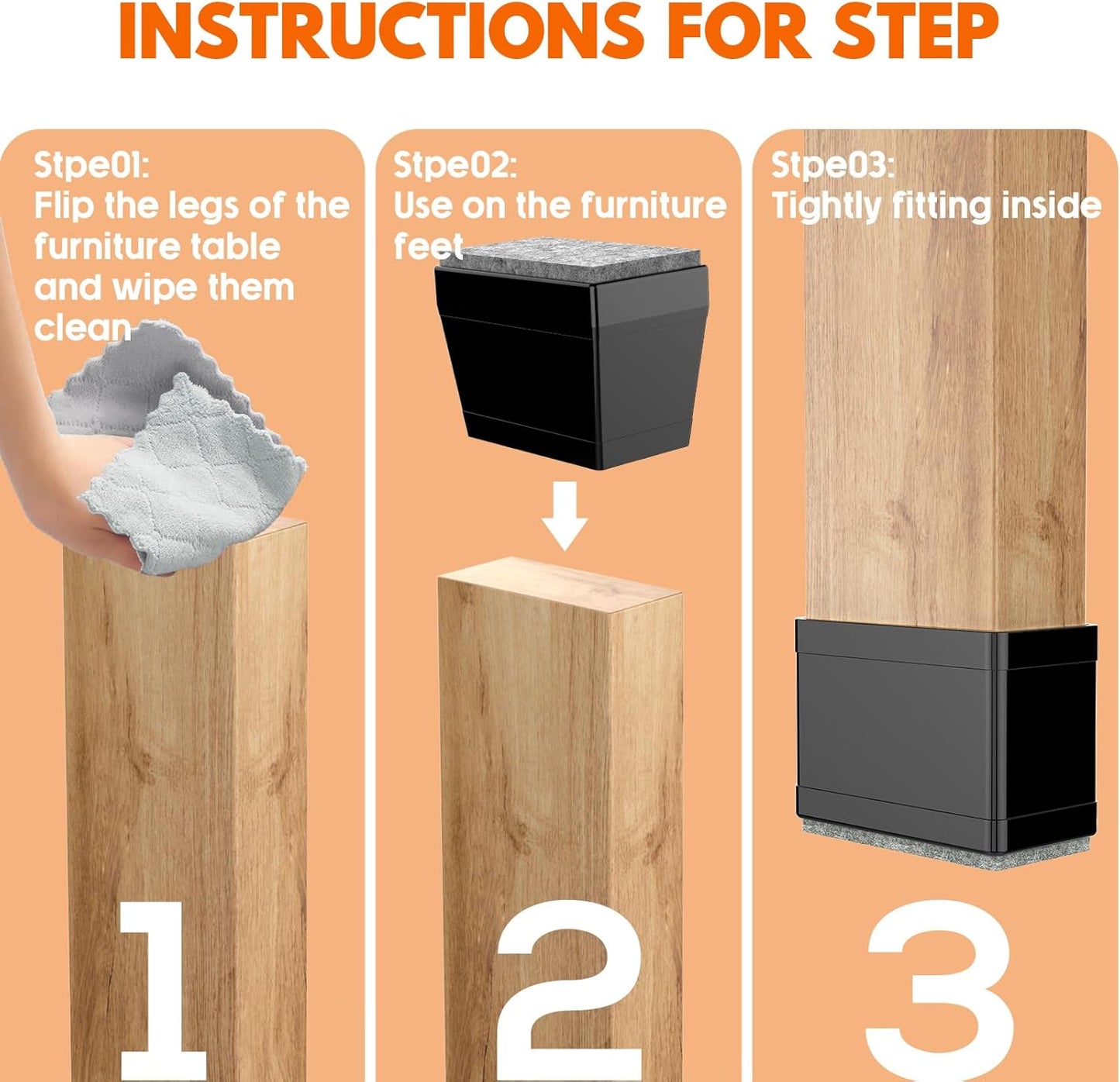 Rectangle Chair Leg Protectors for Hardwood Floors,16 PCS Silicone Covers to Protect Wood Tile Floors Felt Pads Furniture Leg Caps Reduce Noise. Easy to Move.(Black,0.5 x 1.5 Inch,Rectangular)