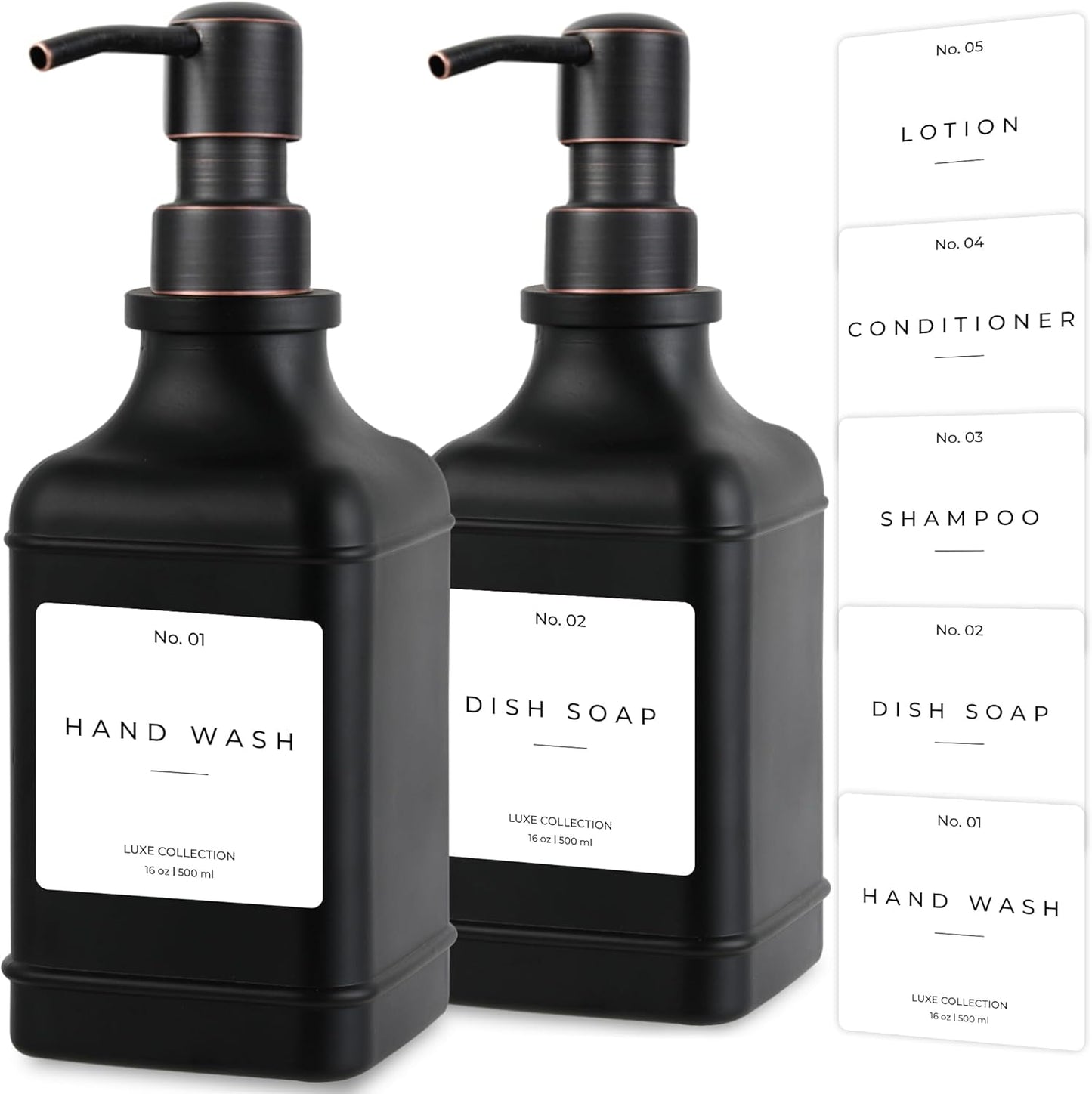 Emerson Essentials Soap Dispenser, Dish Soap Dispenser, Soap Bottle Farmhouse - Hand Soap Dispenser, Kitchen Soap Dispenser Set - Glass Soap Dispenser with Pump and Labels, 16 Oz, 2 Pack