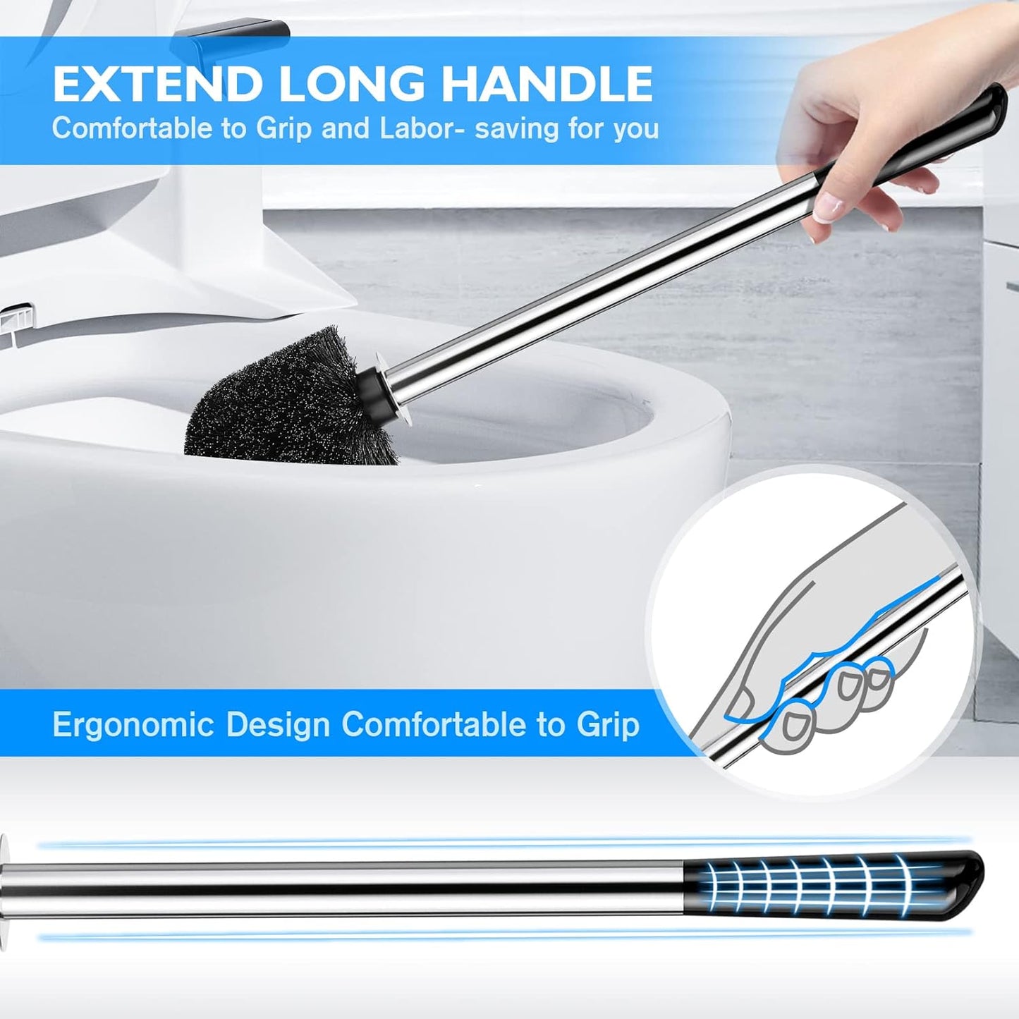 Toilet Brush and Holder 2 Pack, 304 Stainless Steel Toilet Brush with Extended and Durable Comfortable Brush Handle, Toilet Bowl Brush for Bathroom Toilet - Ergonomic, Pratical Durable