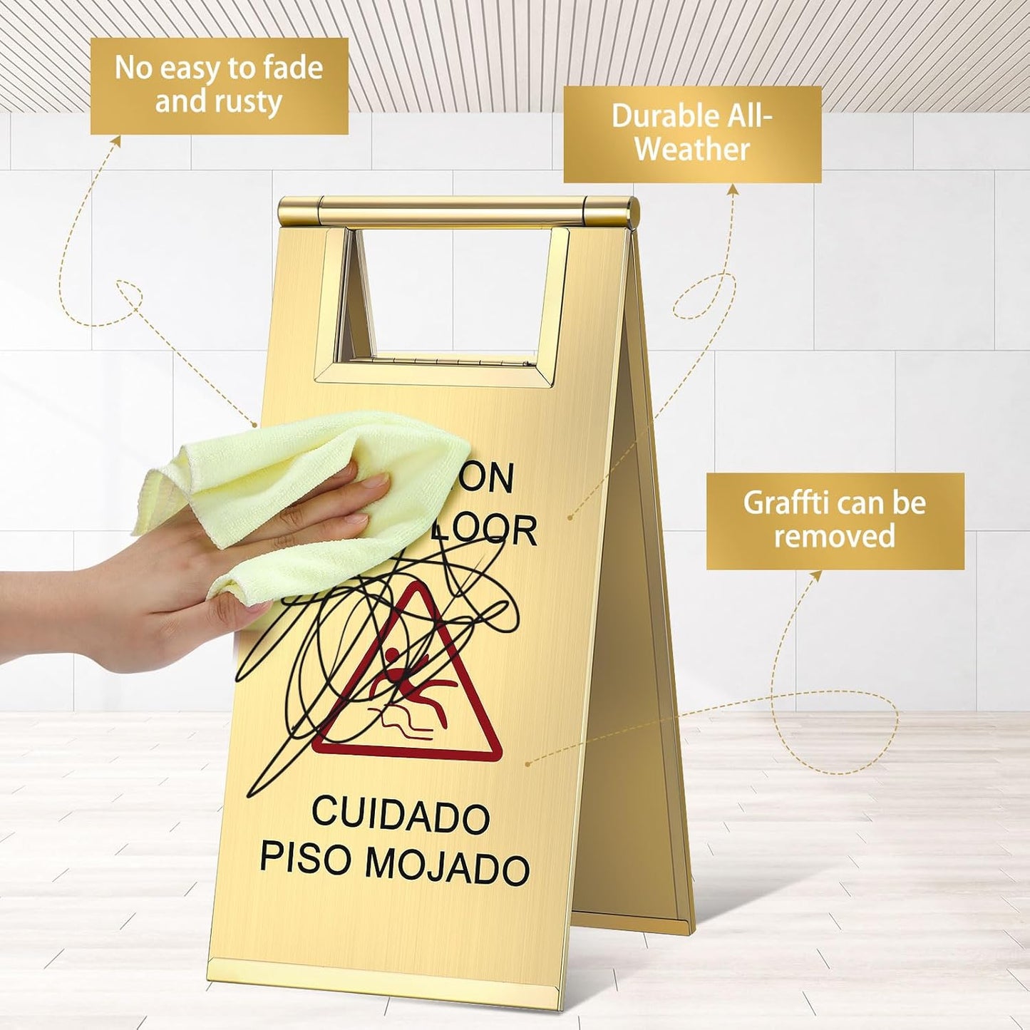 Kigley 2 Pcs Wet Floor Sign, 17 Inch Stainless Steel Caution Wet Floor Sign Double Sided Portable Foldable Bilingual Safety Warning for Hotel Market Restroom Restaurant Office (Gold)