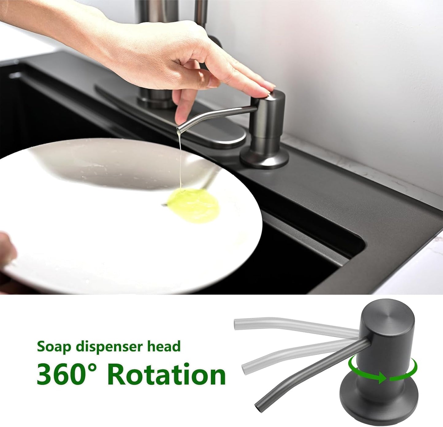 Built in Soap Dispenser for Kitchen Sink, Stainless Steel Gun Gery Countertop Pump Head, Dish Soap Hand Lotion Dispenser with Refillable 17oz Bottle