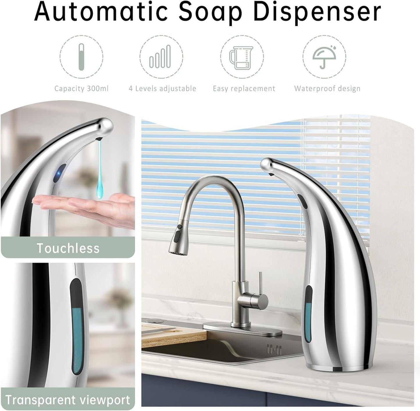 Automatic Liquid Soap Dispenser,300ML Touchless 4 Gear Adjustable,Countertop Electric Battery Operated Silver Hand Soap Dispenser with Sensor for Bathroom,Kitchen,Office