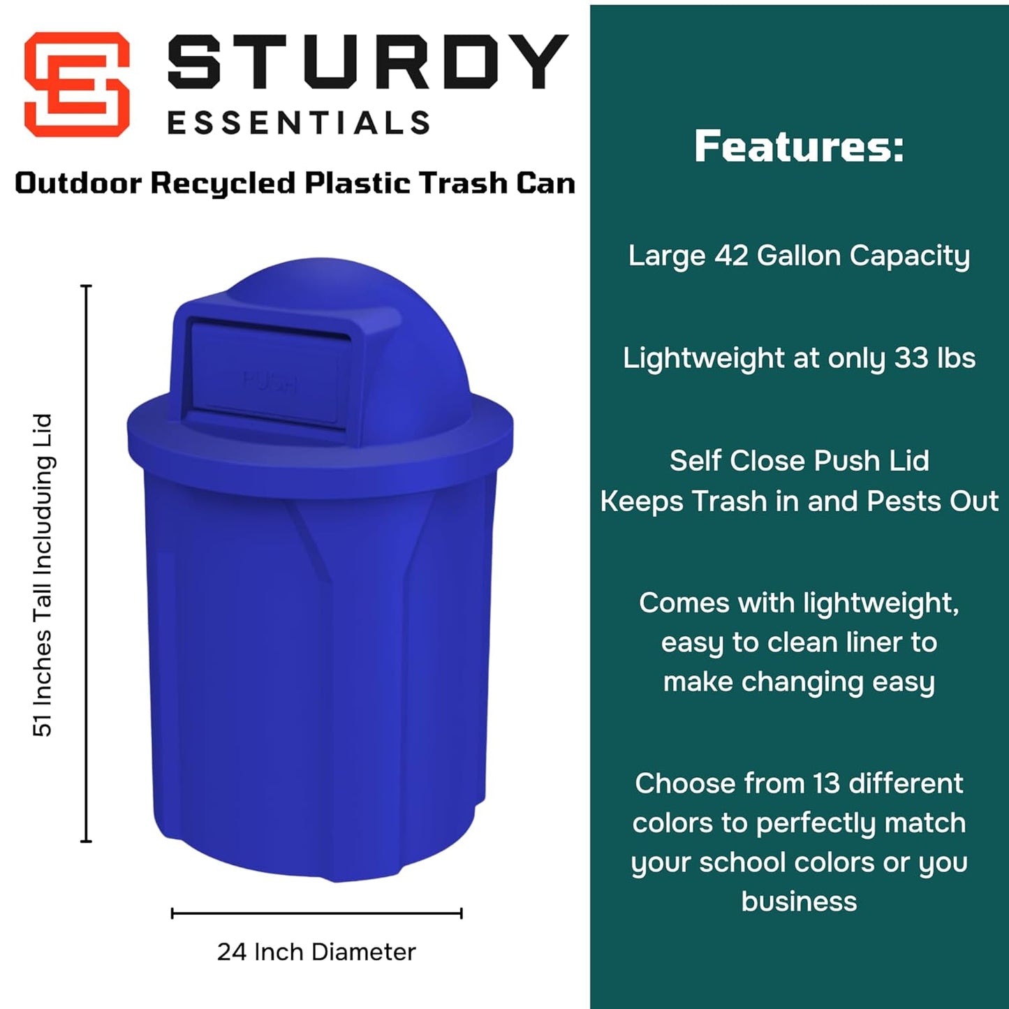 42 Gallon Round100% Recycled Plastic Heavy Duty Outdoo Trash Can with Push Lid and Internal Liner - Great for Schools and Businesses - Blue