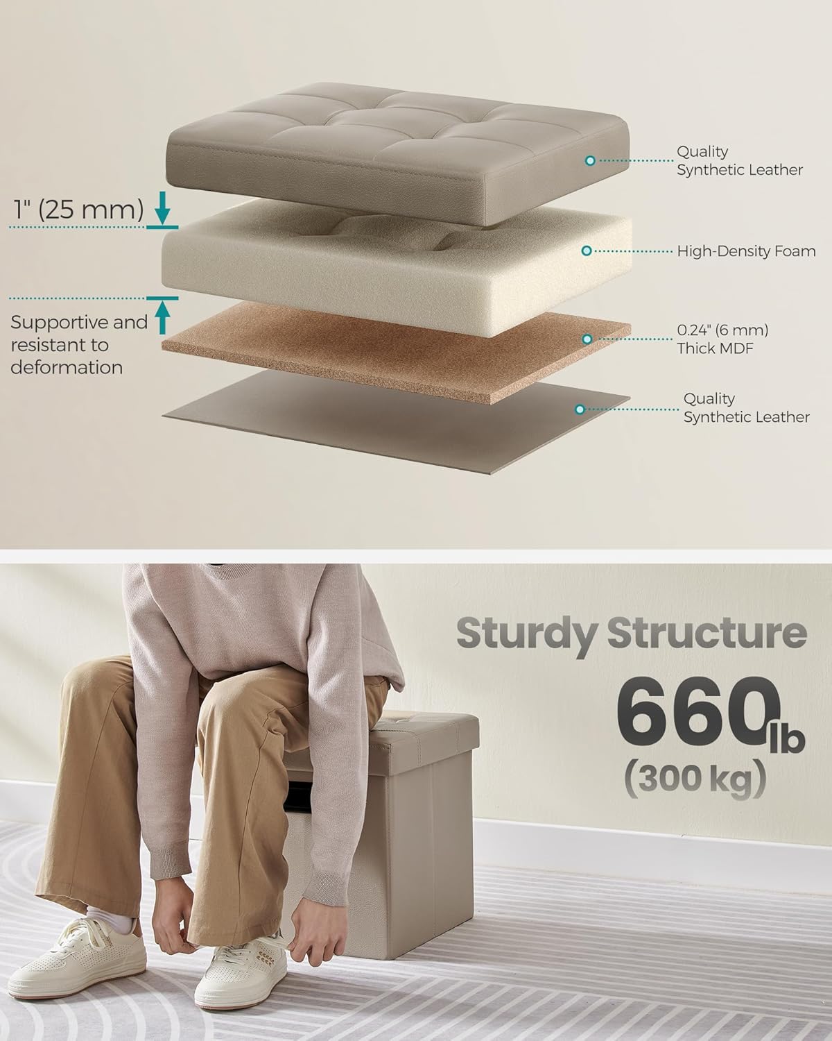 SONGMICS Mazie Collection - 15 Inches Ottoman with Storage, Footstool, Storage Ottoman with Metal Handles, Load 660 lb, for Dorm, Living Room, Bedroom, Synthetic Leather, Camel Brown ULSF030K03