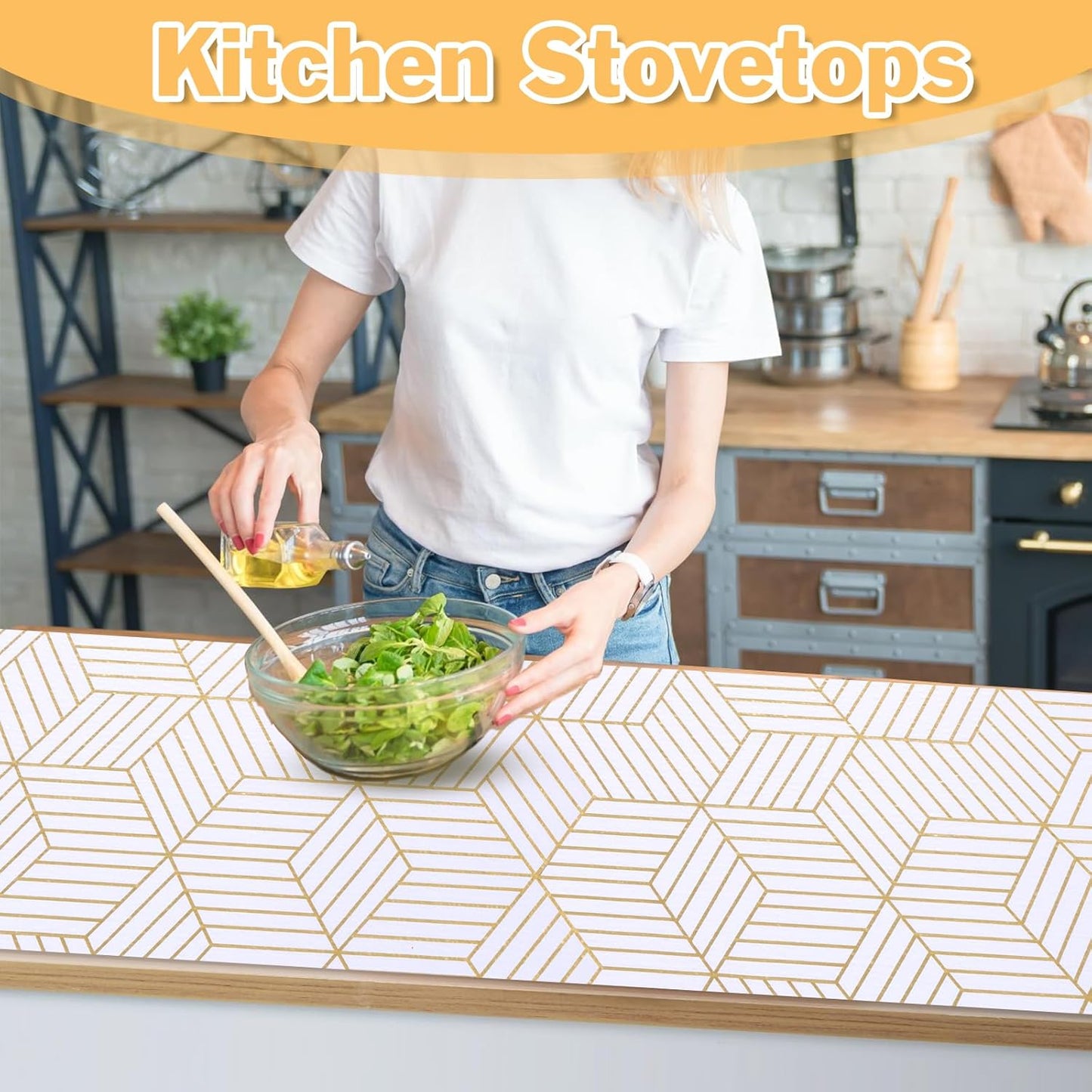 Shelf Liners for Kitchen Cabinets Non Adhesive Shelf Liner Paper Non-Slip Thickened Drawer Liner Easy to Clean for Tool Box Refrigerator with Knife and Tape Measure, Gold Geometric, 17.3 x 236.2 in
