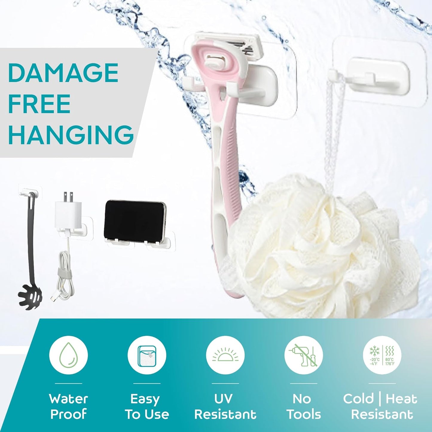 Hook LAB Self-Adhesive Shower Razor Holder, 2-Pack, Removable & Reusable Waterproof Hooks, for Towels, Bath Accessories, Kitchen & Bathroom Use - White