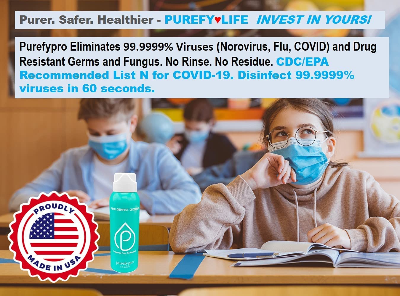 Purefypro Disinfectant Airesol Spray (3.4oz, 3 Pack) Kills 99.9999% Norovirus, HIV, Flu, Monkeypox Virus, Drug Resistant Germs, MRSA, Fungi. Purefypro Technology. No Rinse, No Residue. TSA Air Travel