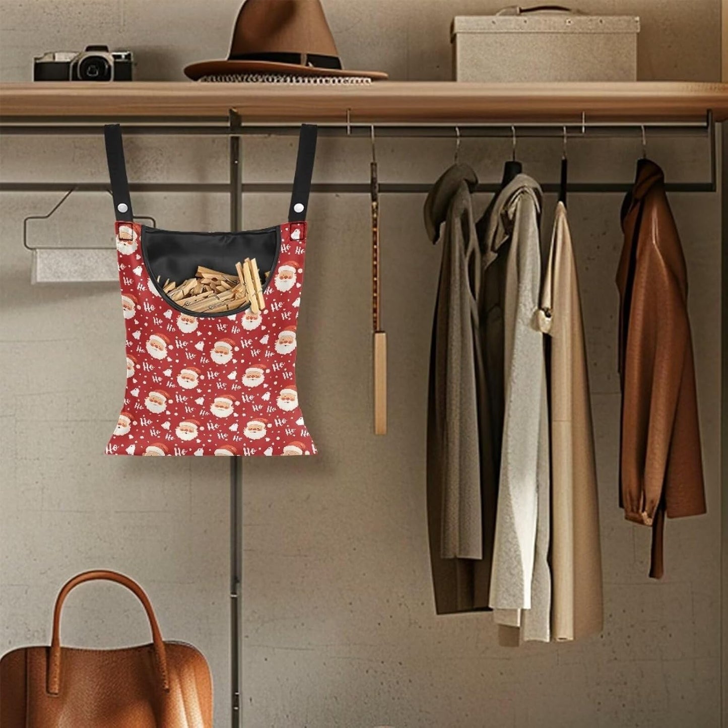 Clothespin Bag with Hanging Rope for Home Outdoor，Laundry Hanging Bag Fits Clothes Lines for Hanging Clothes Outside Balcony Bathroom Corridor Yard - Santa Claus