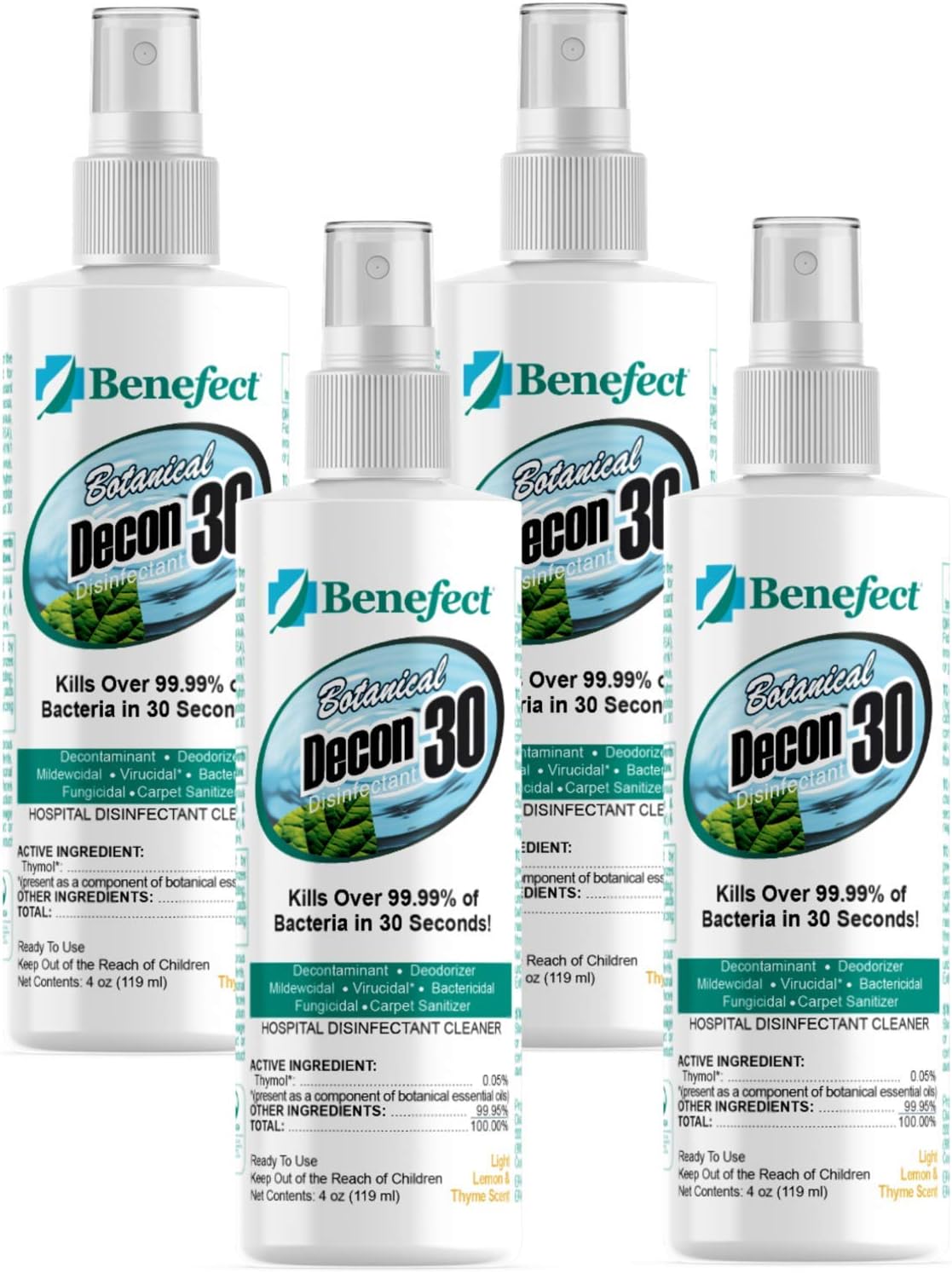 Benefect Botanical Decon 30 Disinfectant Cleaner, 4 oz. Spray Bottle, Light Lemon & Thyme Scent, Hospital Grade Disinfectant, Kills Over 99.99% of Germs, Safe for Food-Contact Surfaces (Pack of 4)