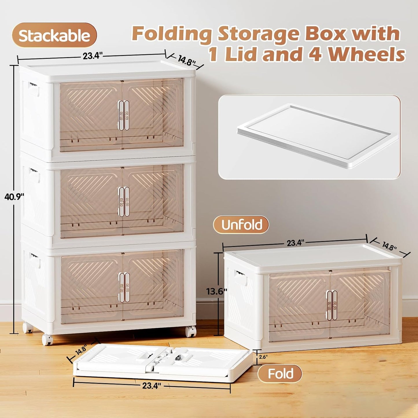 Storage Bins with Lid 76QT, Stackable Storage Containers with Wheels and Magnetic Doors, Plastic Clothes Closet Organizers and Storage Box for Pantry, Home and Office (3 Pack)