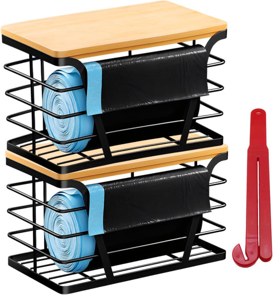 2 - Pack Trash Bag Dispenser with Bamboo Top, Stackable Garbage Bag Holder, Large Capacity Trash Bag Storage Space-Saving Trash Bag Holder Dispenser Storage Solution, Trash Bag Storage Organizer.