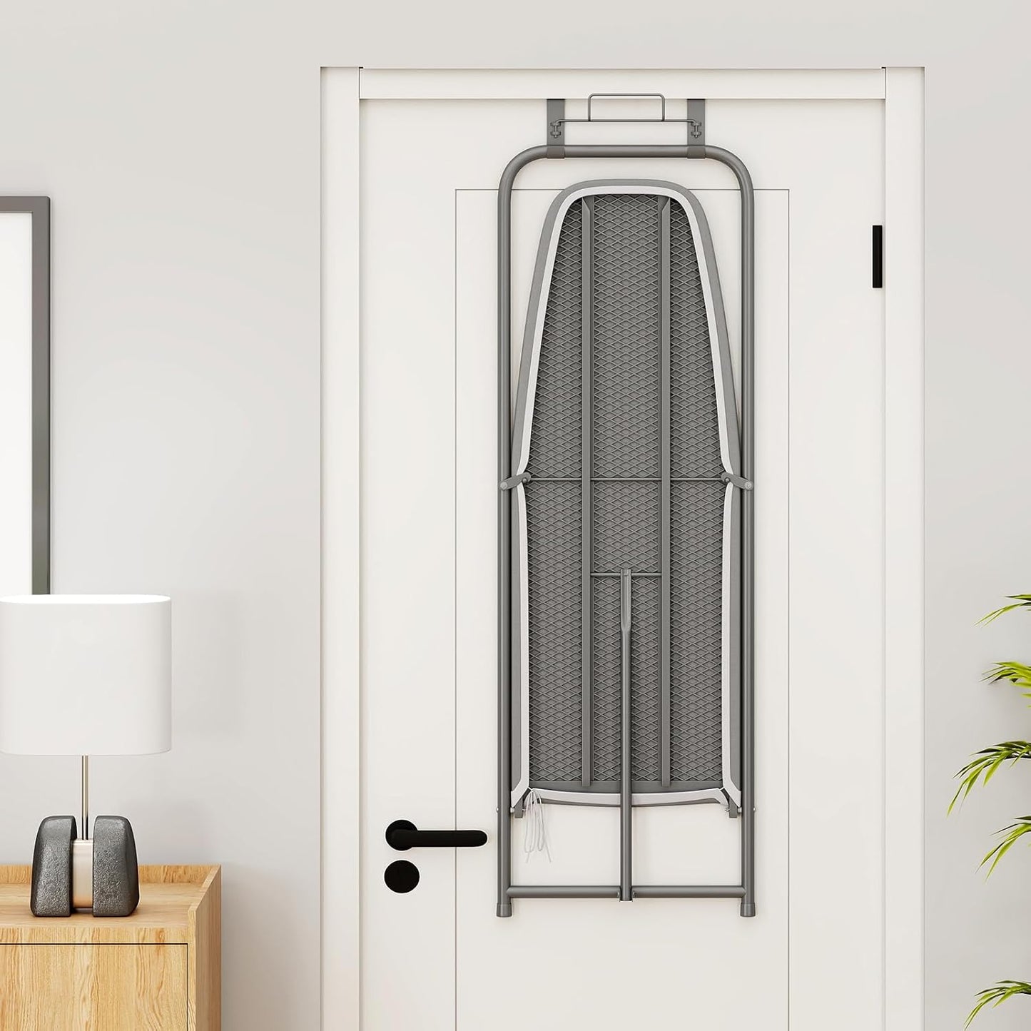 COSTWAY Over The Door Ironing Board, Space-Saving Metal Hanging Ironing Board with Iron Holder & Cotton Cover, Compact Fold Down Iron Stand for Home, Apartment, Laundry Room, Dorm, Gray