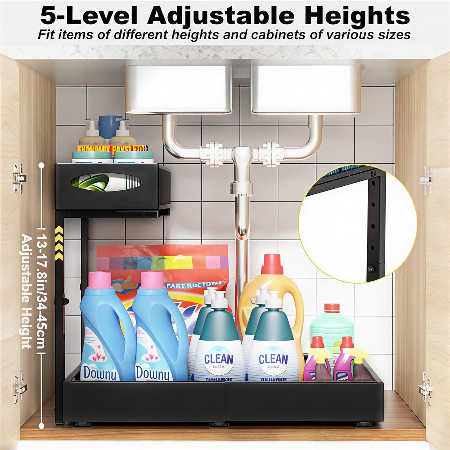 Housolution Under Sink Organizer, 13"-20" Width Expandable, 13"-17" Height Adjustable, 2 Tier Metal Pull Out Under Sink Storage Rack with 3 Sliding Rails for Kitchen Bathroom Cabinet, Single Side