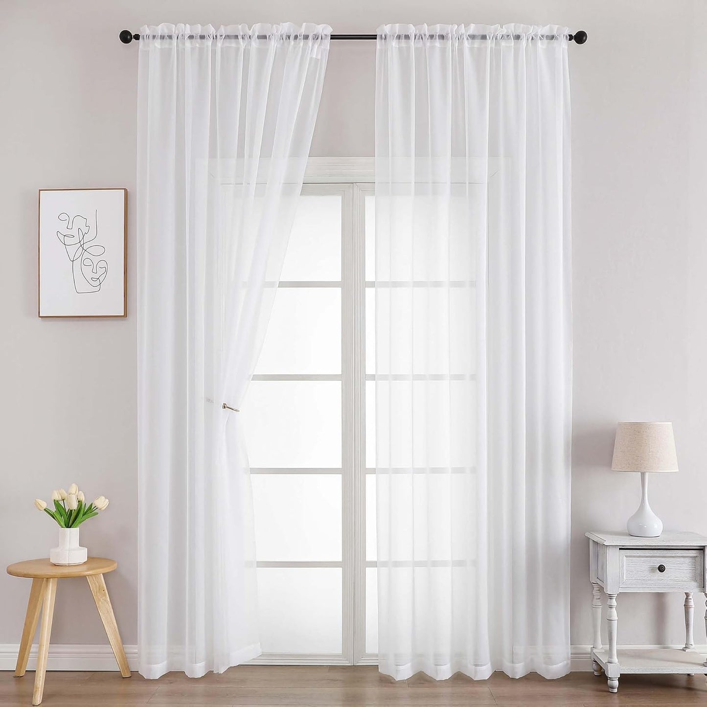 Chyhomenyc White Sheer Curtains 96 Inches Long 2 Panels, Light Filtering White Curtains for Living Room, Soft Gentle Voile Rod Pocket Bedroom Window Drapes, 59Wx96L Inch, 2PCS
