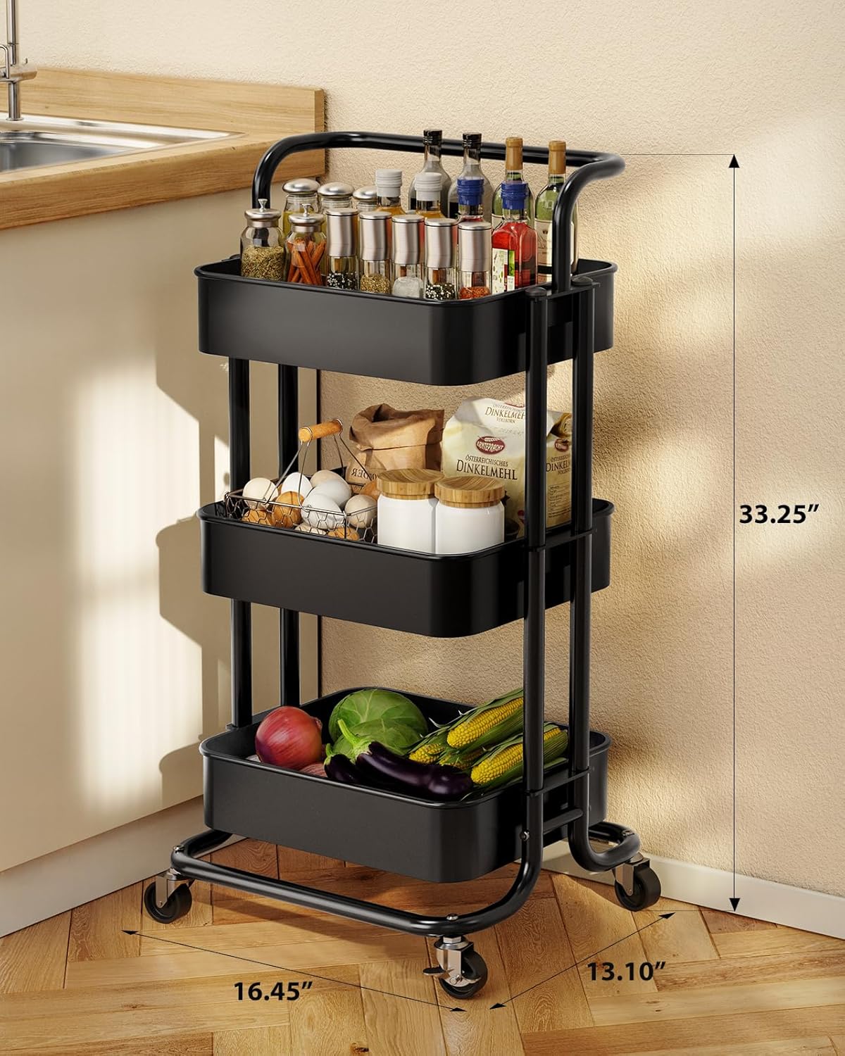 Pipishell 3 Tier Mesh Utility Cart, Rolling Metal Organization Cart with Handle and Lockable Wheels, Multifunctional Storage Shelves for Kitchen Living Room Office Black
