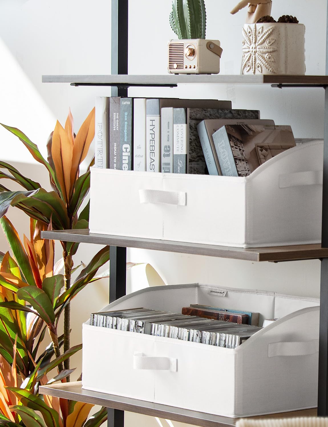 StorageWorks Closet Storage Bins, Trapezoid Organizer Box for Shelves, Fabric Clothes Bin, Foldable Organizing Baskets with Handles, Large, White, 3-Pack