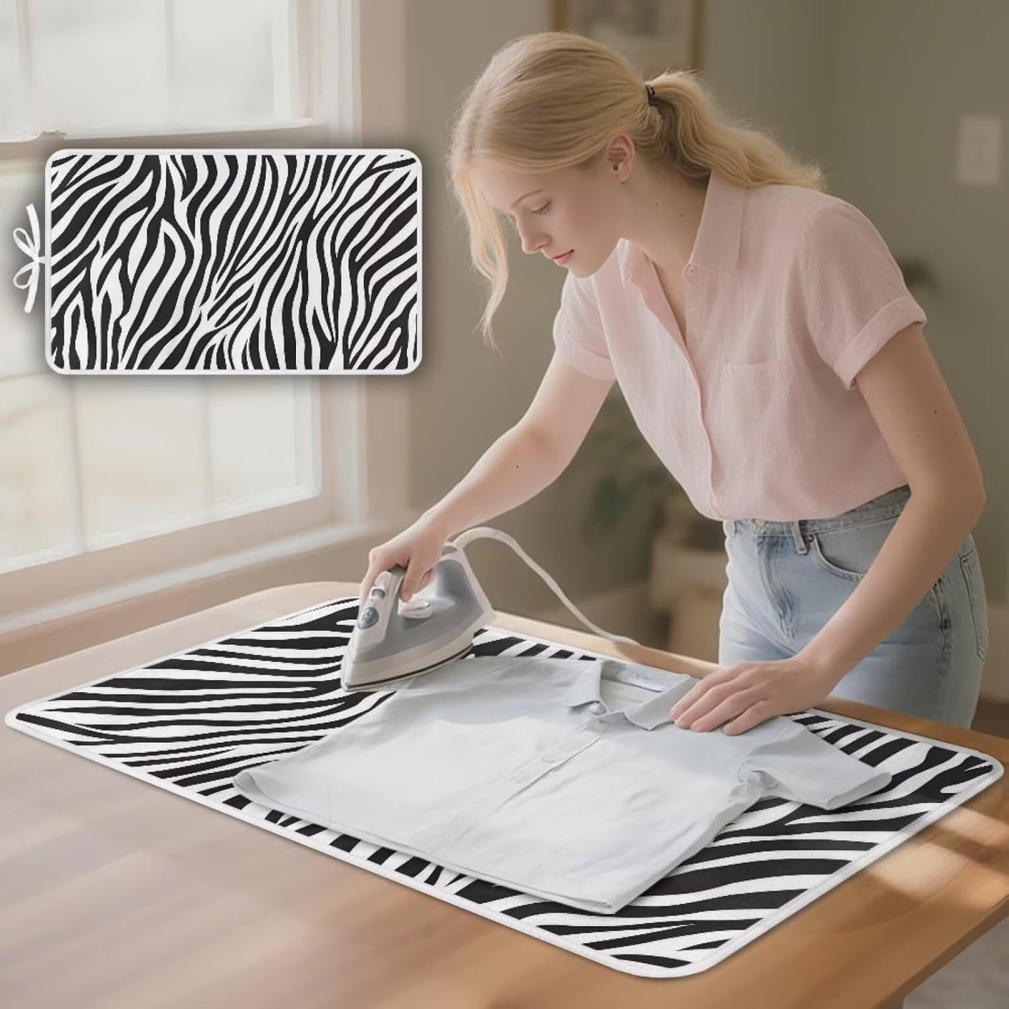 Zebra Print Ironing Mat Portable Iron Pad Magnetic Cover and Padding for Top of Washer, Dryer, Tabletop, Countertop,Travel Small Size Ironing Pads 32 x 16 Inch
