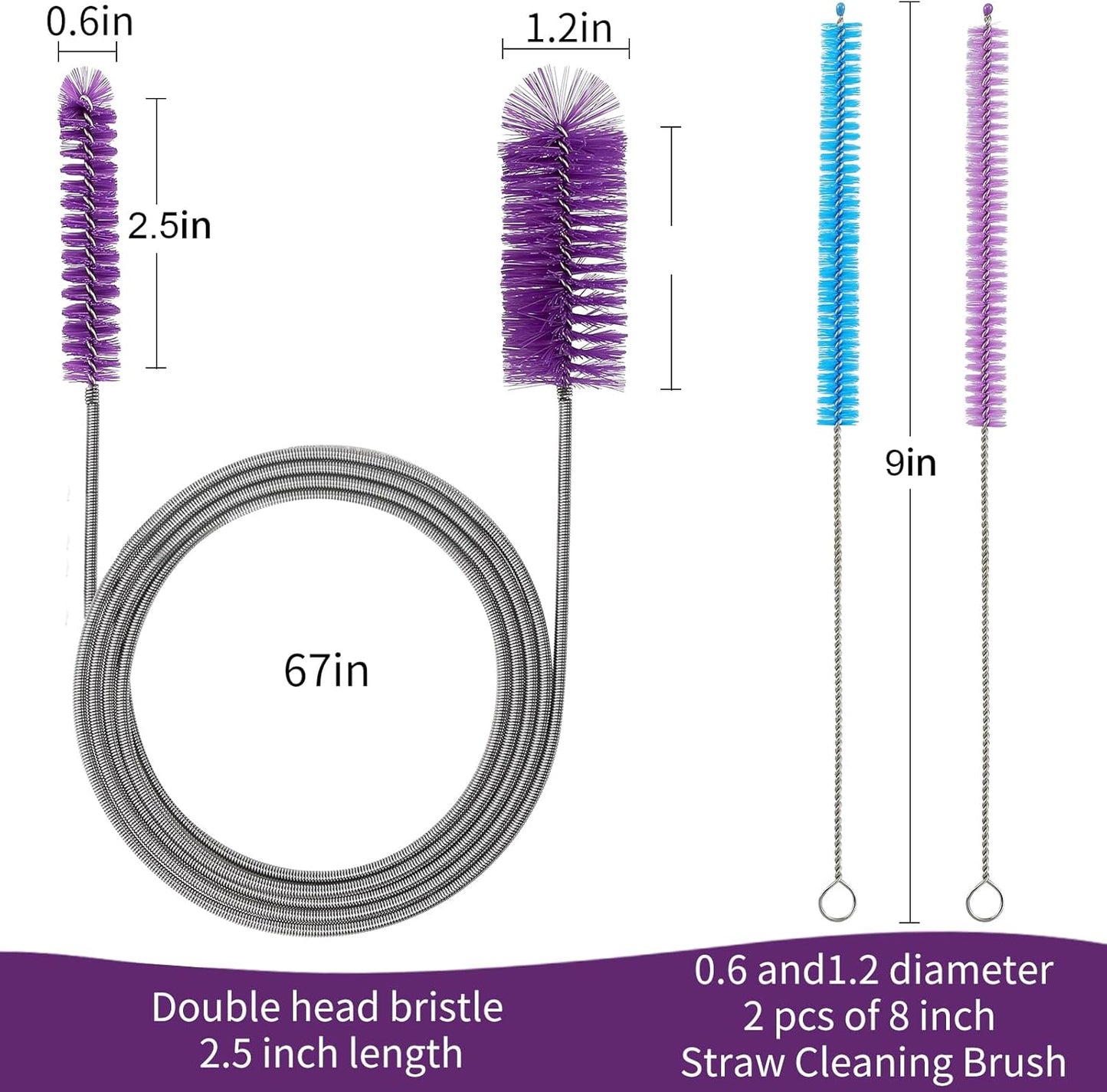 2 Pcs Tube Cleaning Brushes Flexible Long Drain Brush, 67 inch Stainless Steel Double Elastic Cleaner Hose Tube Brush and 4 Pcs 9 inch Straw Cleaning Brush for Bathroom Sink,Shower Brushes.
