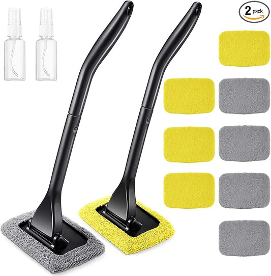 Frienda 2 Set Windshield Cleaner Tool Inside Car Windshield Cleaning Wand Auto Window Cleaner with Detachable Handle, 8 Reusable Microfiber Pads and 2 Spray Bottles for Car Interior(Gray, Yellow)