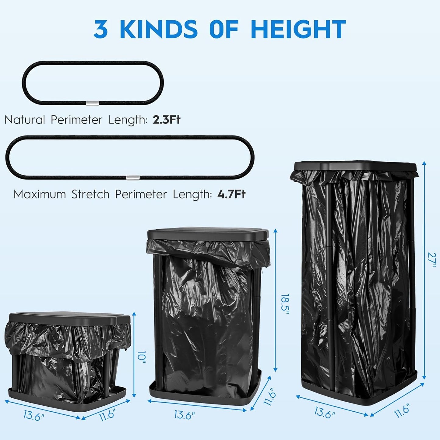 Portable Trash Bag Holder Collapsible Garbage Bin with Lid and Bands, Expandable Indoor Outdoor Trash Can Holder Stand for RV Camping Kitchen, Black