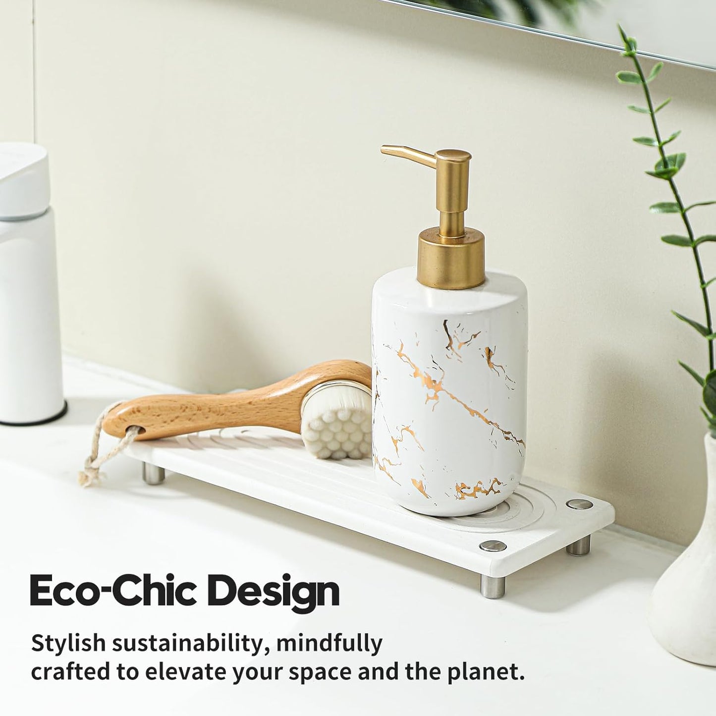 Water Absorbing Stone Sink Caddy, Diatomite Kitchen Sink Organizer, Bathroom Counter Tray, Faucet Drying Mat Coaster Soap Dish Rack Riser Dispenser Sponge Holder, Silver, White 10" x 4"