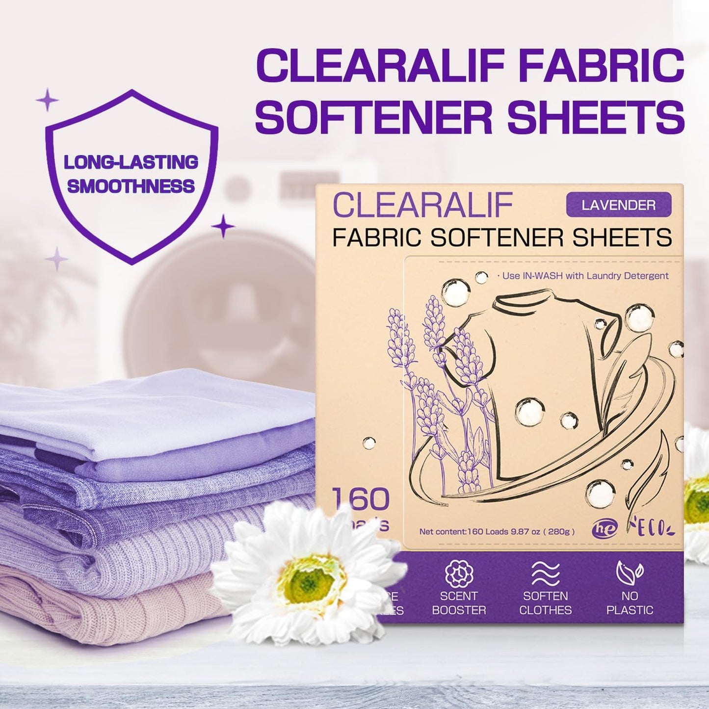 CLEARALIF laundry Fabric Softener Sheets, Lavender Scent, 160 Loads, Eco Friendly, Great For Travel, Apartments, Dorms.