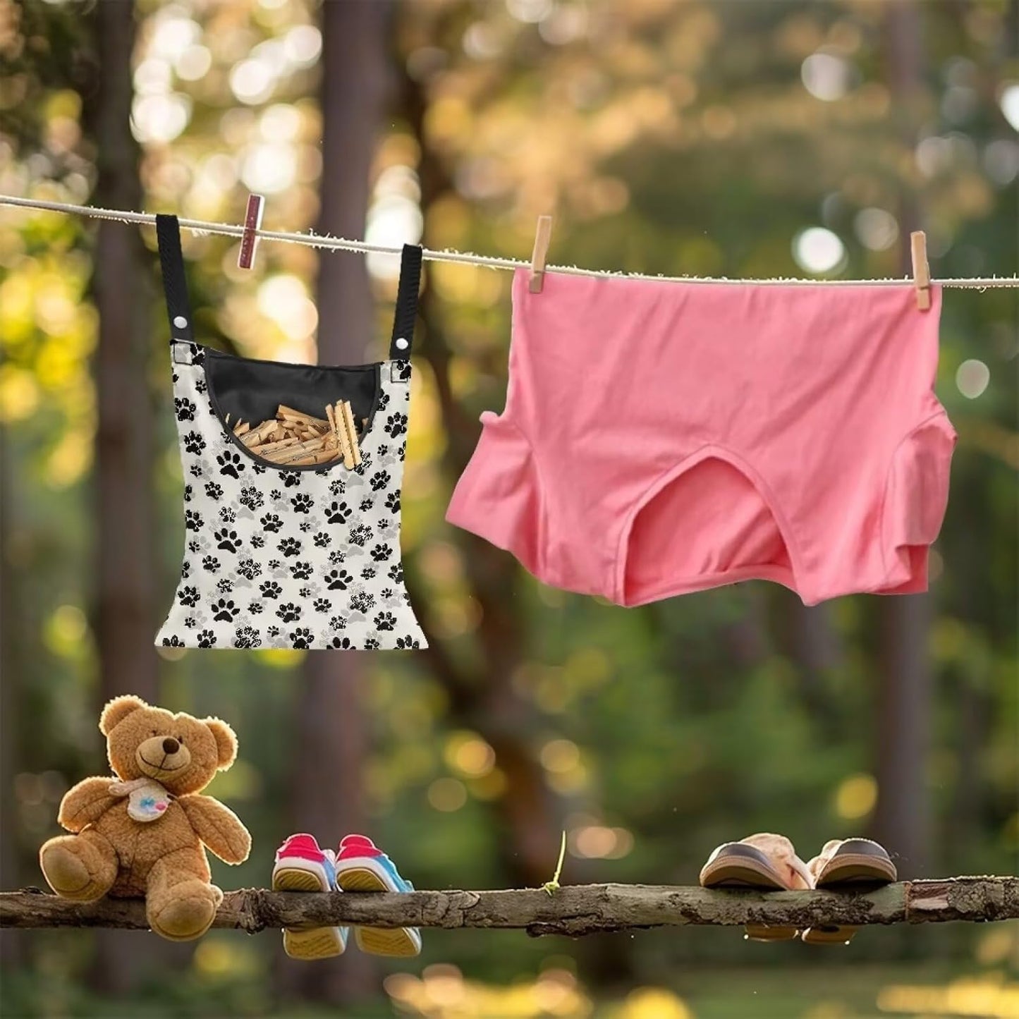 Dog Paw Print Clothespin Bag with Hanging Hook Summer Laundry Clothes Pin Holder Waterproof Clothes Pin Hanging Bag Clothespin Storage Organizer with Large Opening