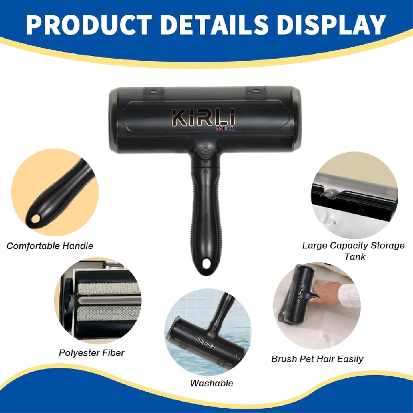 KIRLI Pet Hair Roller, Fur Remover Tool with Built-in Fur bin, Reusable Lint Roller for Pet Hair, Multi-Surface Furniture Clothing, Couch, Carpet, Bedding Cat and Dog Hair Remover (Black)