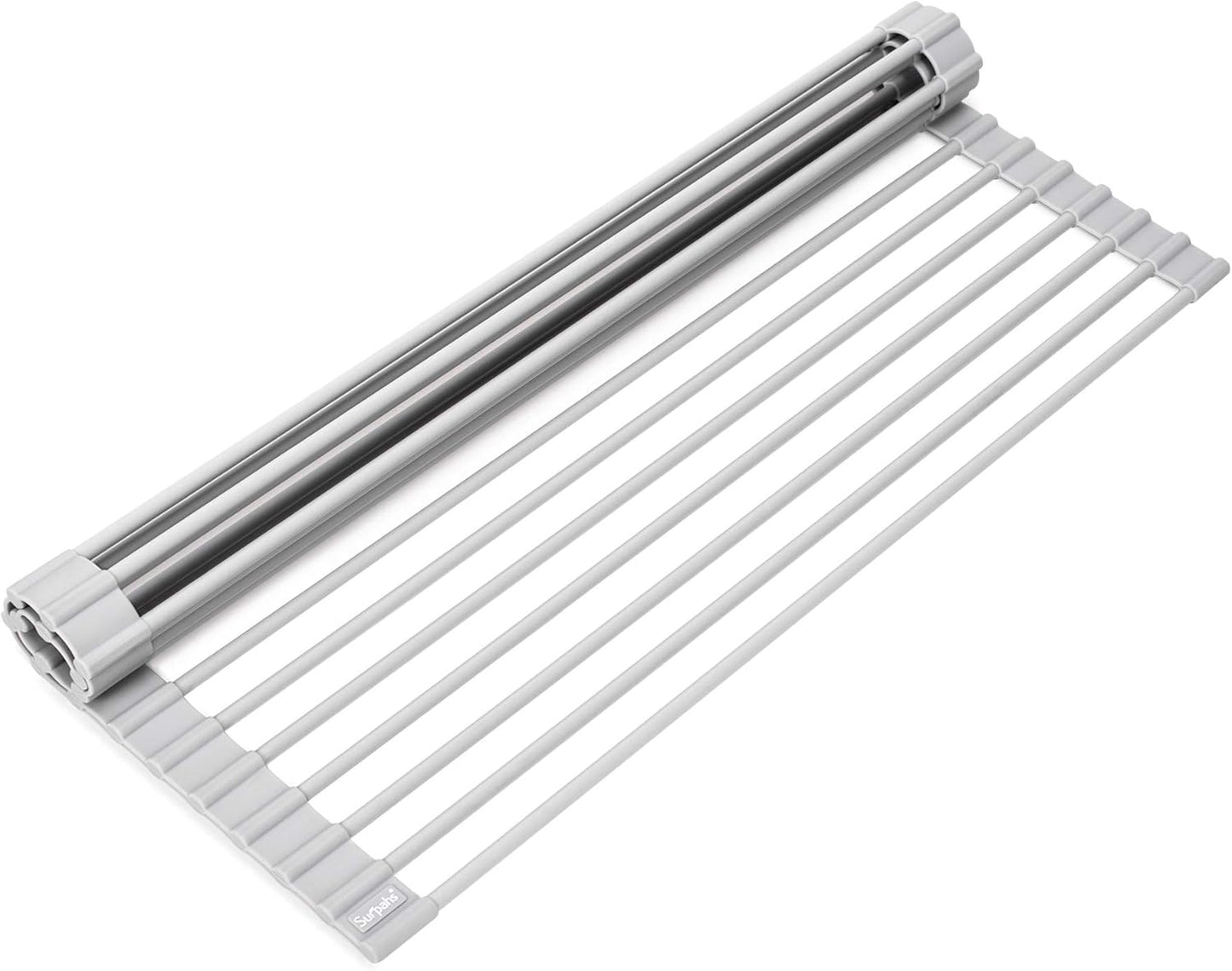 Surpahs Over Sink Foldable Multipurpose Roll-Up Dish Drying Rack, Silicone Wrapped Stainless Steel, Warm Gray, 17.5" x 13.1"