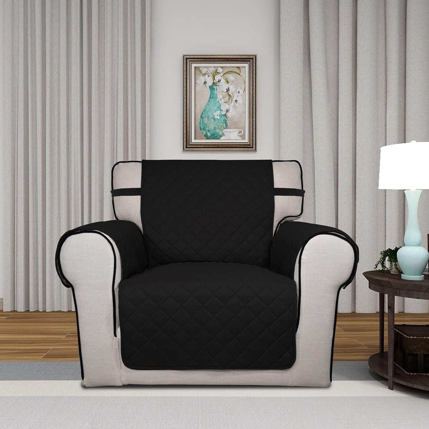 PureFit Reversible Quilted Sofa Cover, Water Resistant Slipcover Furniture Protector, Washable Couch Cover with Non Slip and Elastic Straps for Kids, Pets (Chair, Black/Black)