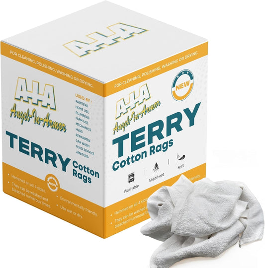 Angel-in-Armor White Terry Cloth Rags (16” x 19”) – 50lb Bulk Box of 100% Cotton Cleaning Rags – Reclaimed Towels for Plumbers, Shop Use, Janitorial, and Commercial Cleaning