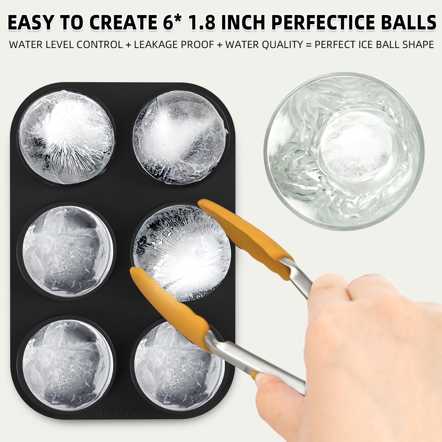 HONYAO Whiskey Ice Ball Mold - 1.8 Inch Silicone Maker With Individual Lid for Easy Fill and Release - 6 Round Sphere Molds for Cocktails and Bourbon