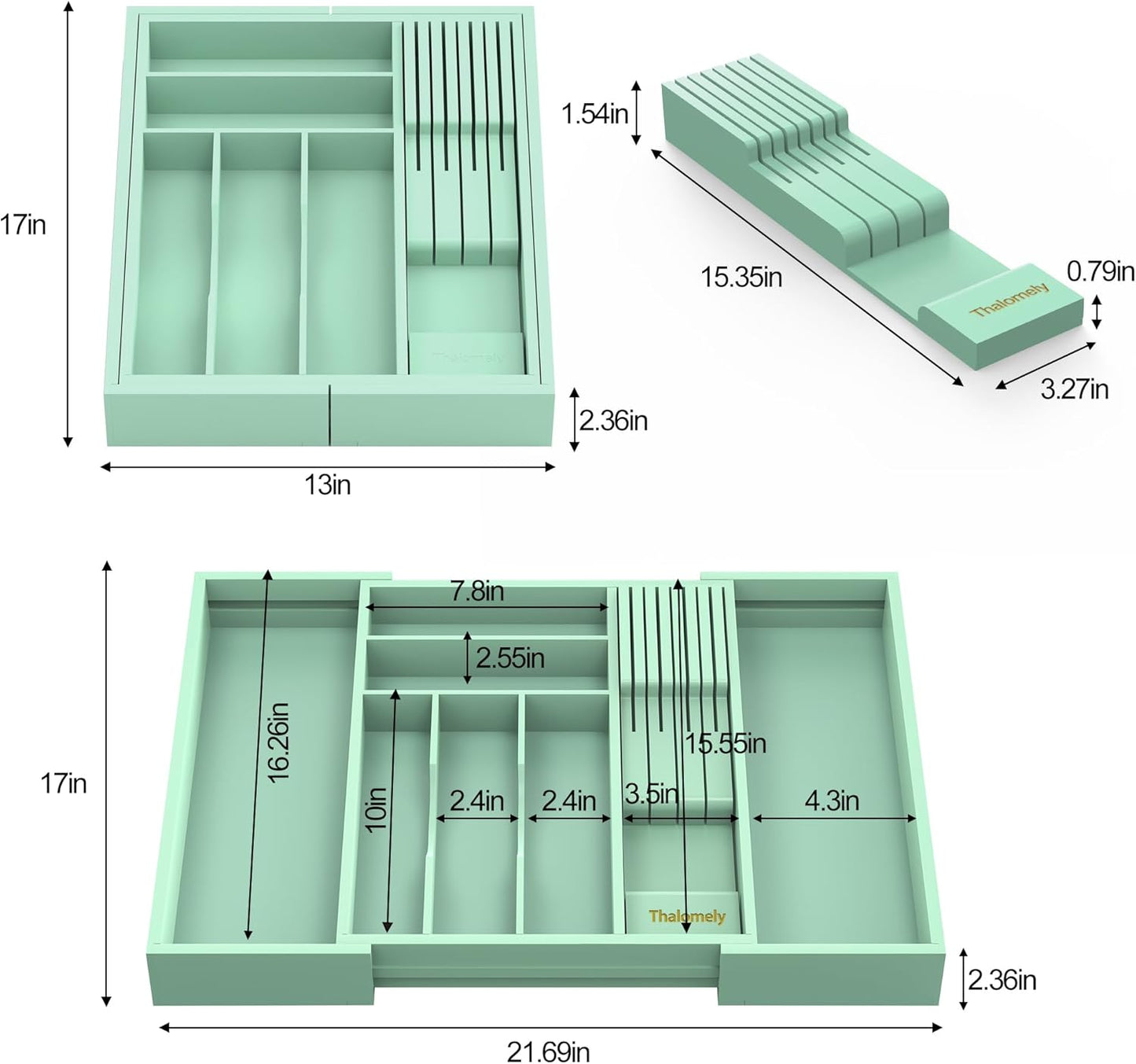 Bamboo Kitchen Drawer Organizer, Expandable Utensil Organizer with Removable Knife Block, Cutlery Tray Holder with Divider, Adjustable Silverware Organizer, Cyan