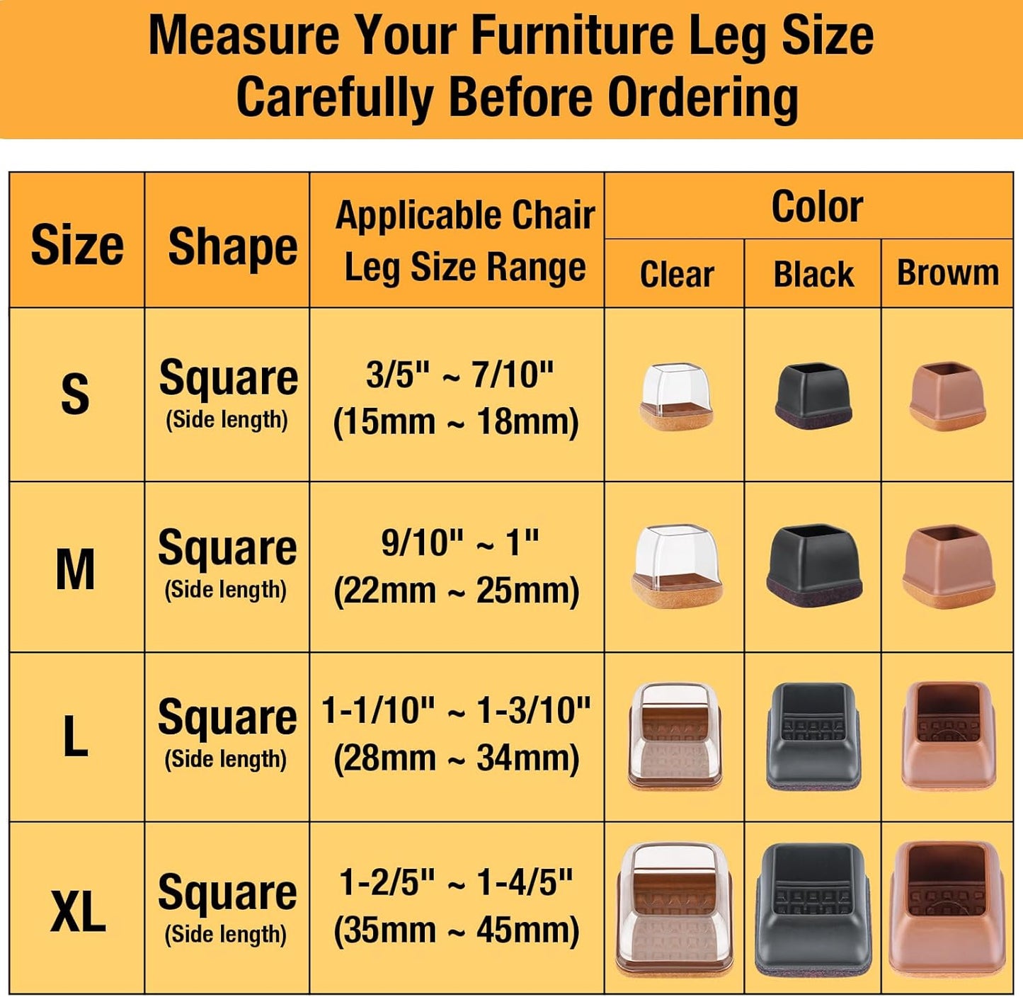 16 Pcs Chair Leg Floor Protectors Square, Silicone Chair Leg Protectors for Hardwood Floors, Chair Leg Caps Covers Protect Wooden Floors from Scratching, Thick, Won't Tear (Fit: 9/10" - 1")