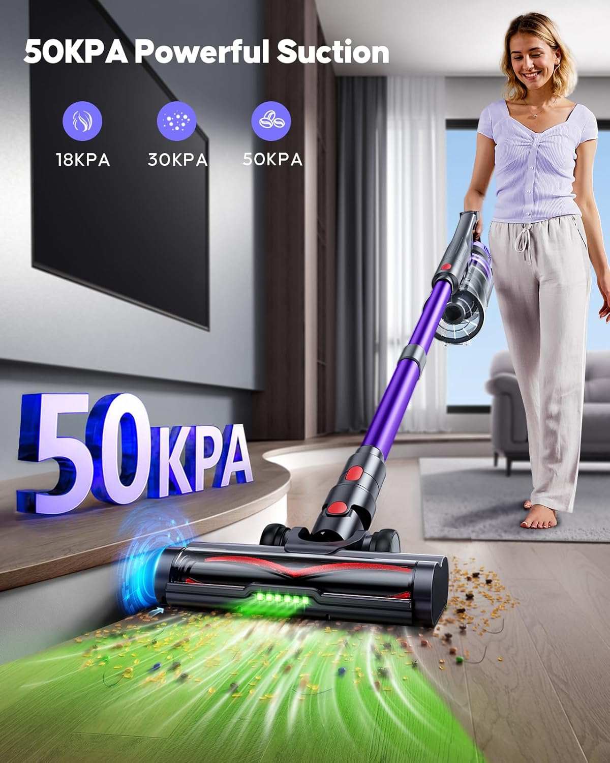 Cordless Vacuum Cleaner, 600W 50Kpa Stick Vacuum Cleaner with 65mins Rechargeable Battery, Anti-Tangle Brush, Build-in Aromatherapy, Handheld Vacuum Cleaners for Home/Pet Hair/Carpets/Floors