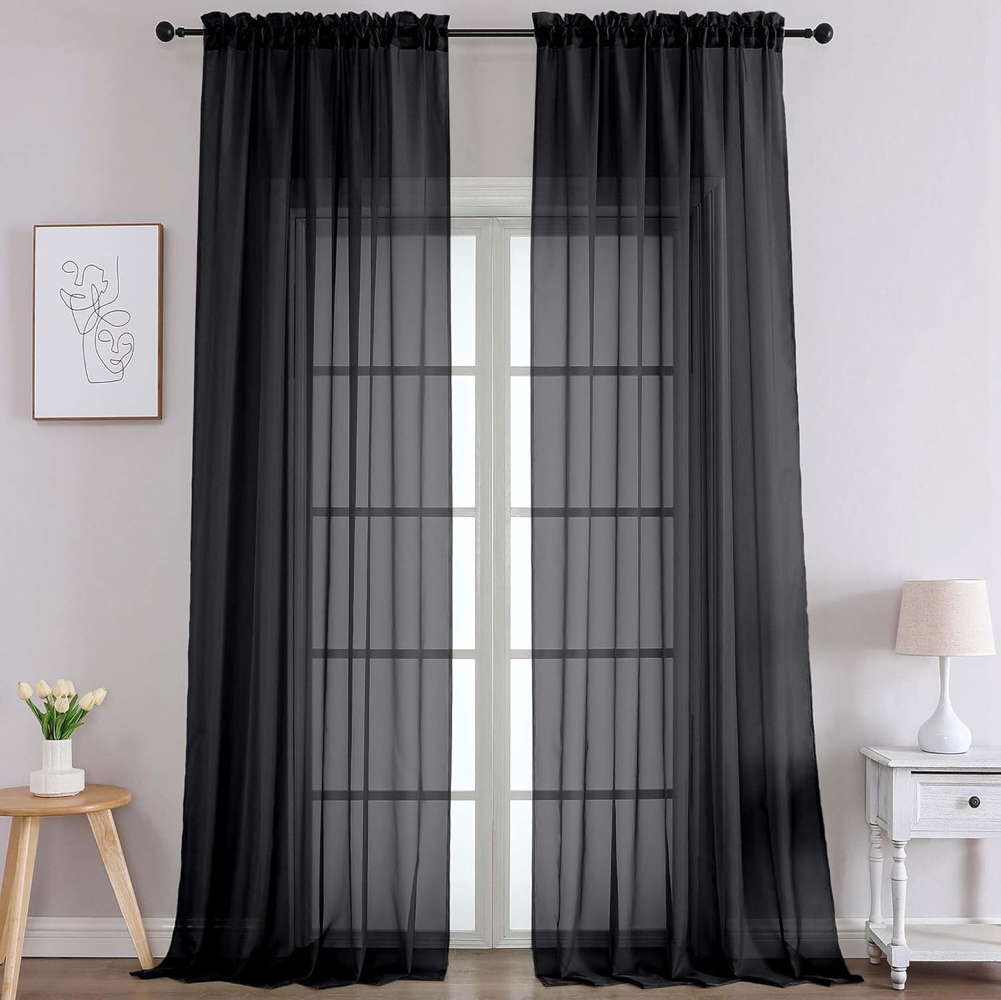 Chyhomenyc Extra Long Black Sheer Curtains 120 Inches Long 2 Panels, Light Filtering Black Curtains for Living Room, Soft Gentle Voile Rod Pocket Bedroom Window Drapes, 59Wx120L Inch, 10FT, 2PCS