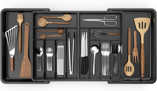 Large Silverware Drawer Organizer,utensil drawer organizer Adjustable Flatware and Cutlery Holder BPA Free Plastic Utensil Tray for Kitchen Spoons Forks Knives Black 21.6 to 38 Inches