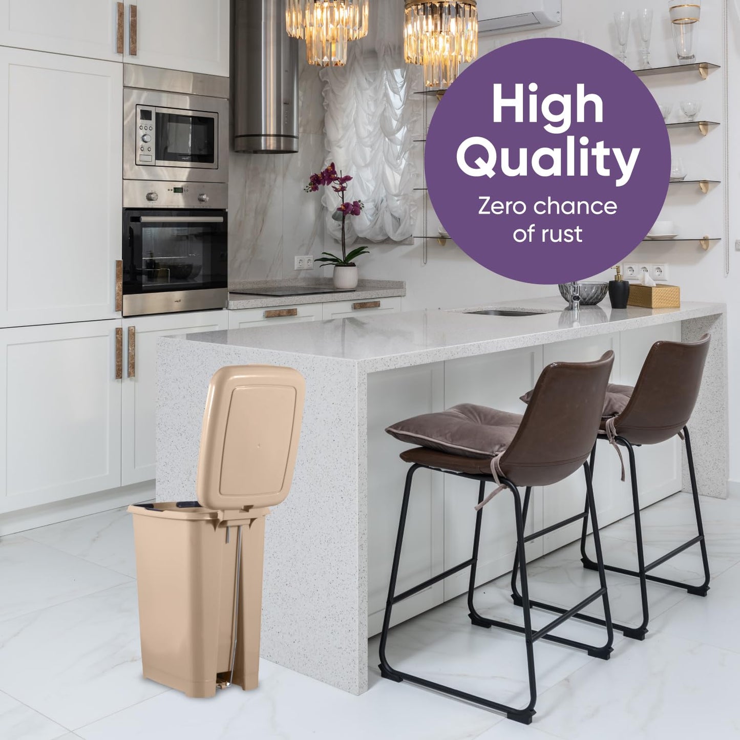 Superio Slim Step On Trash Can, Beige Waste Bin with Foot Pedal Lid 26 Liter, Kitchen, Under Desk, Office, Bedroom, Bathroom (1, 4 Gallon)